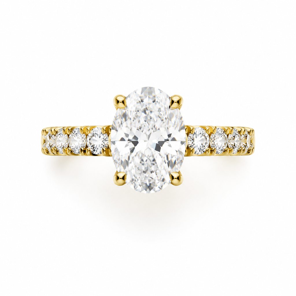 OVAL/3 CT /14k YELLOWGOLD/DIAMOND BAND, top view