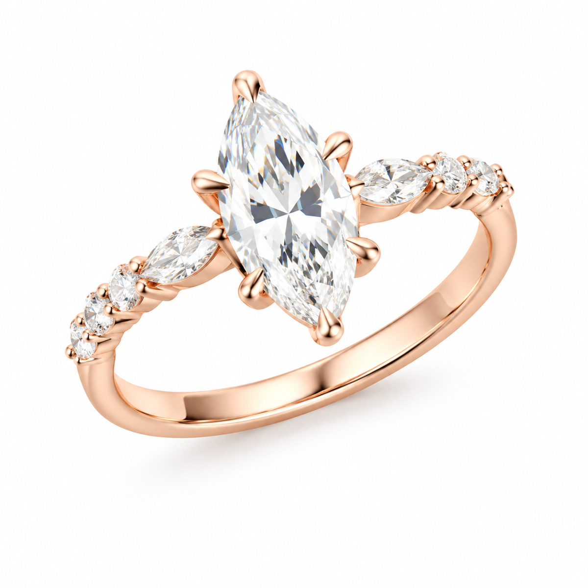 PEAR/3 CT /14k ROSEGOLD/MARQUIS BAND, 45-degree view