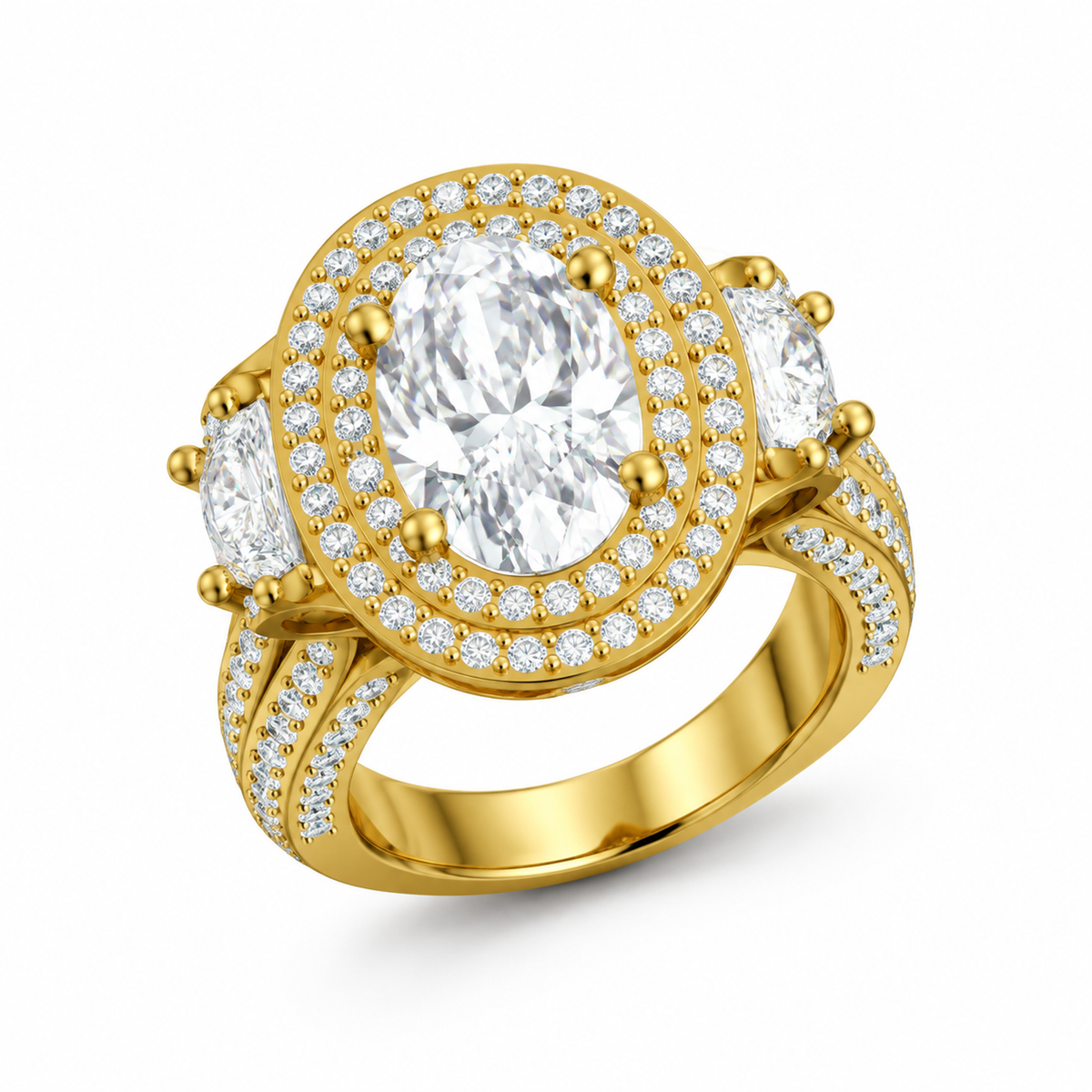 OVAL/3 CT /14k YELLOWGOLD/PAVE BAND, 45-degree view