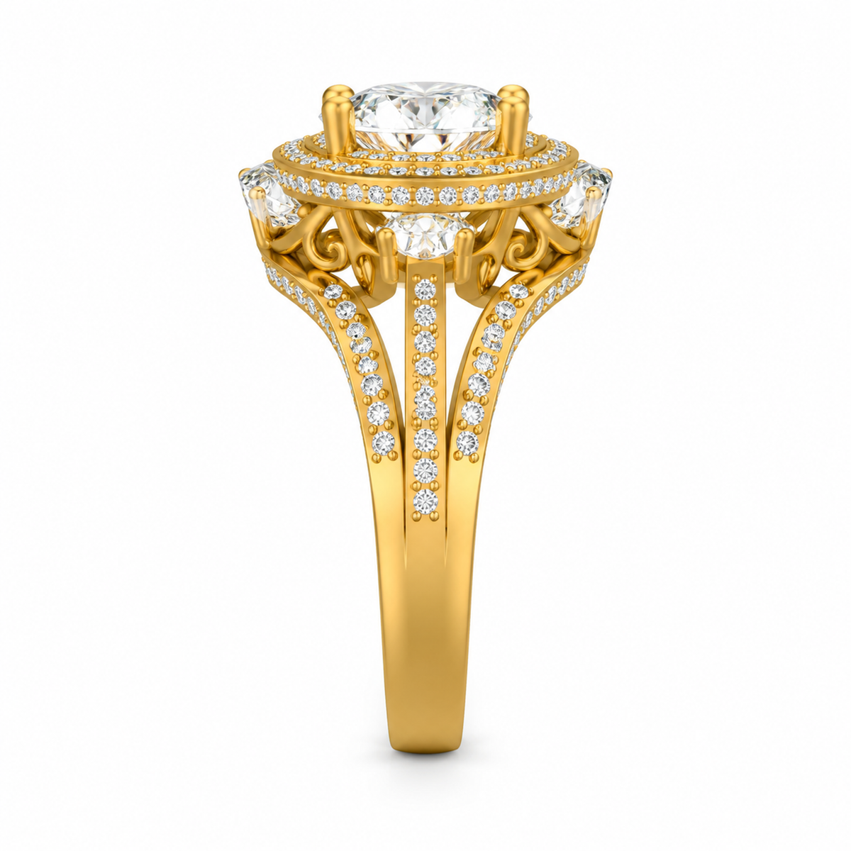 OVAL/3 CT /14k YELLOWGOLD/PAVE BAND, side view