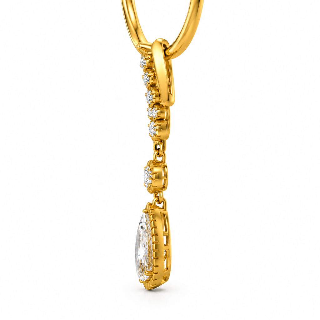 PEAR/5 CT /14k YELLOWGOLD/V-SHAPED DROP NECKLACE, side view