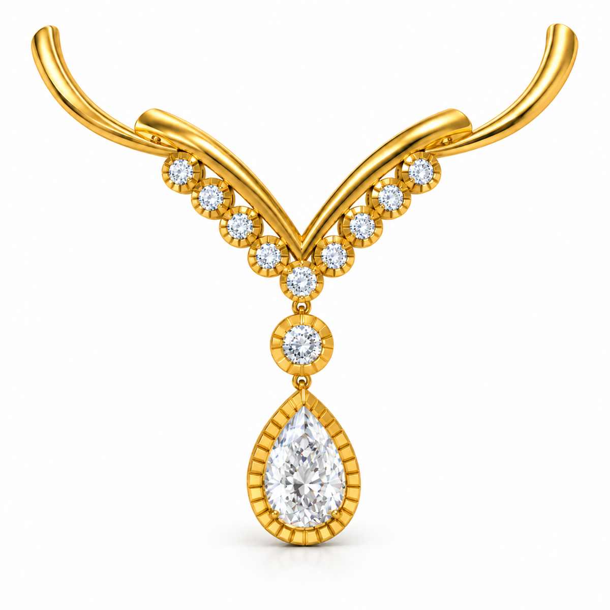 PEAR/5 CT /14k YELLOWGOLD/V-SHAPED DROP NECKLACE, front view