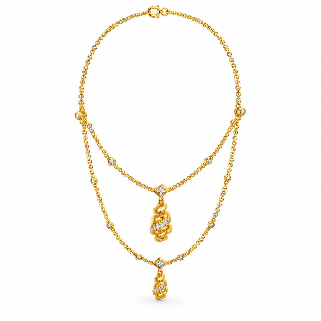 SPIRAL/14k YELLOWGOLD/LAYERED PENDANT NECKLACE, side view