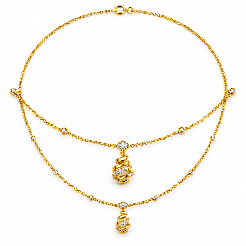 SPIRAL/14k YELLOWGOLD/LAYERED PENDANT NECKLACE, top view