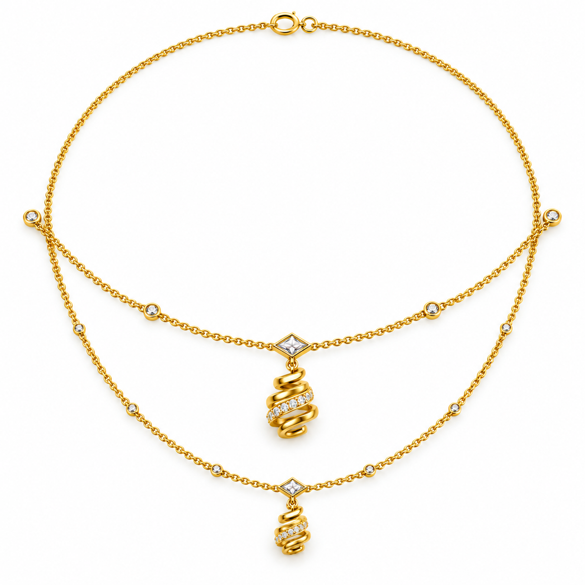 SPIRAL/14k YELLOWGOLD/LAYERED PENDANT NECKLACE, top view