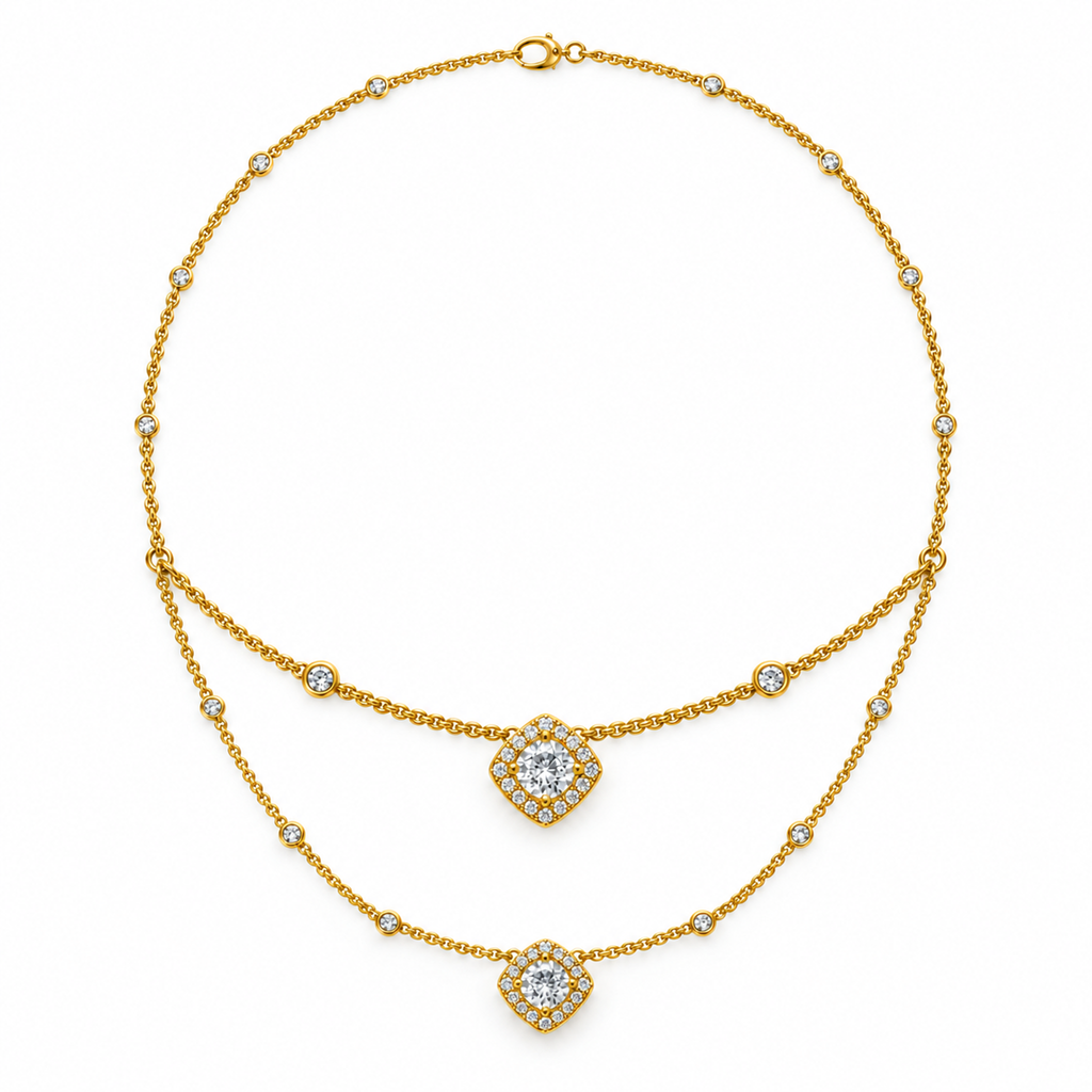ROUND/3 CT /14k YELLOWGOLD/LAYERED HALO NECKLACE, front view