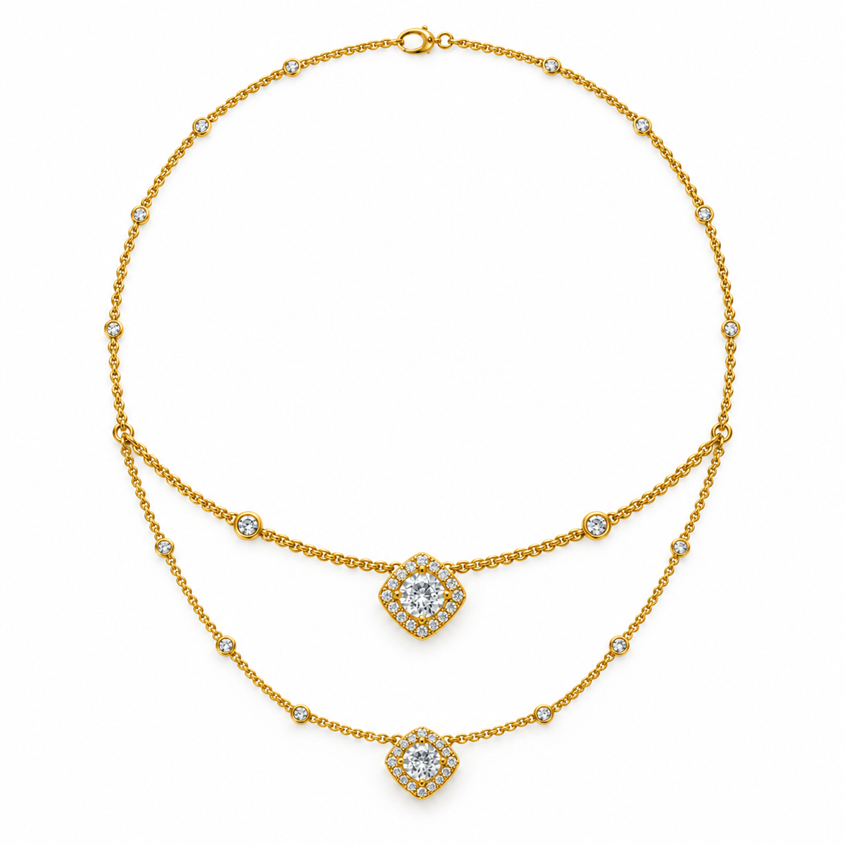 ROUND/3 CT /14k YELLOWGOLD/LAYERED HALO NECKLACE, front view