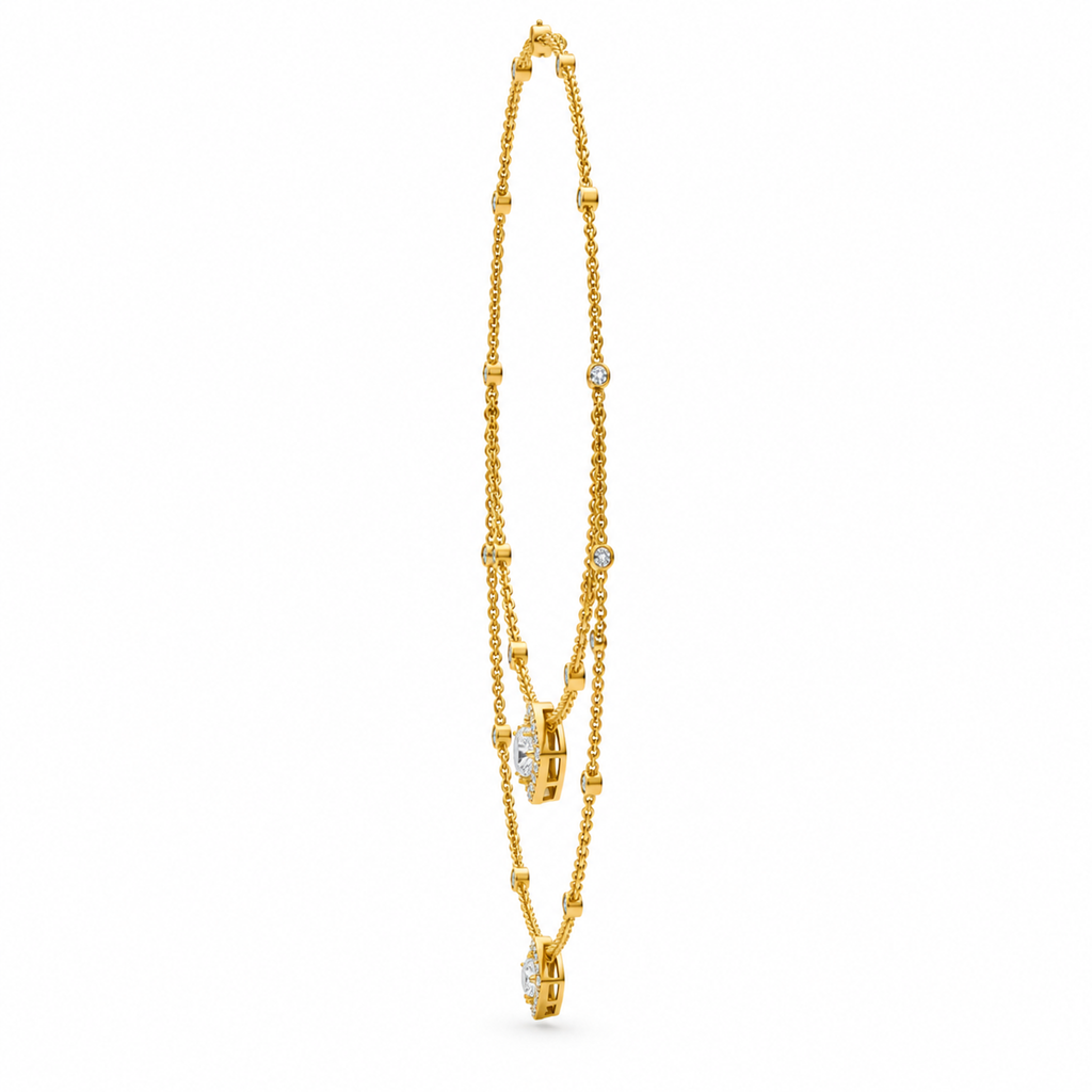 ROUND/3 CT /14k YELLOWGOLD/LAYERED HALO NECKLACE, side view