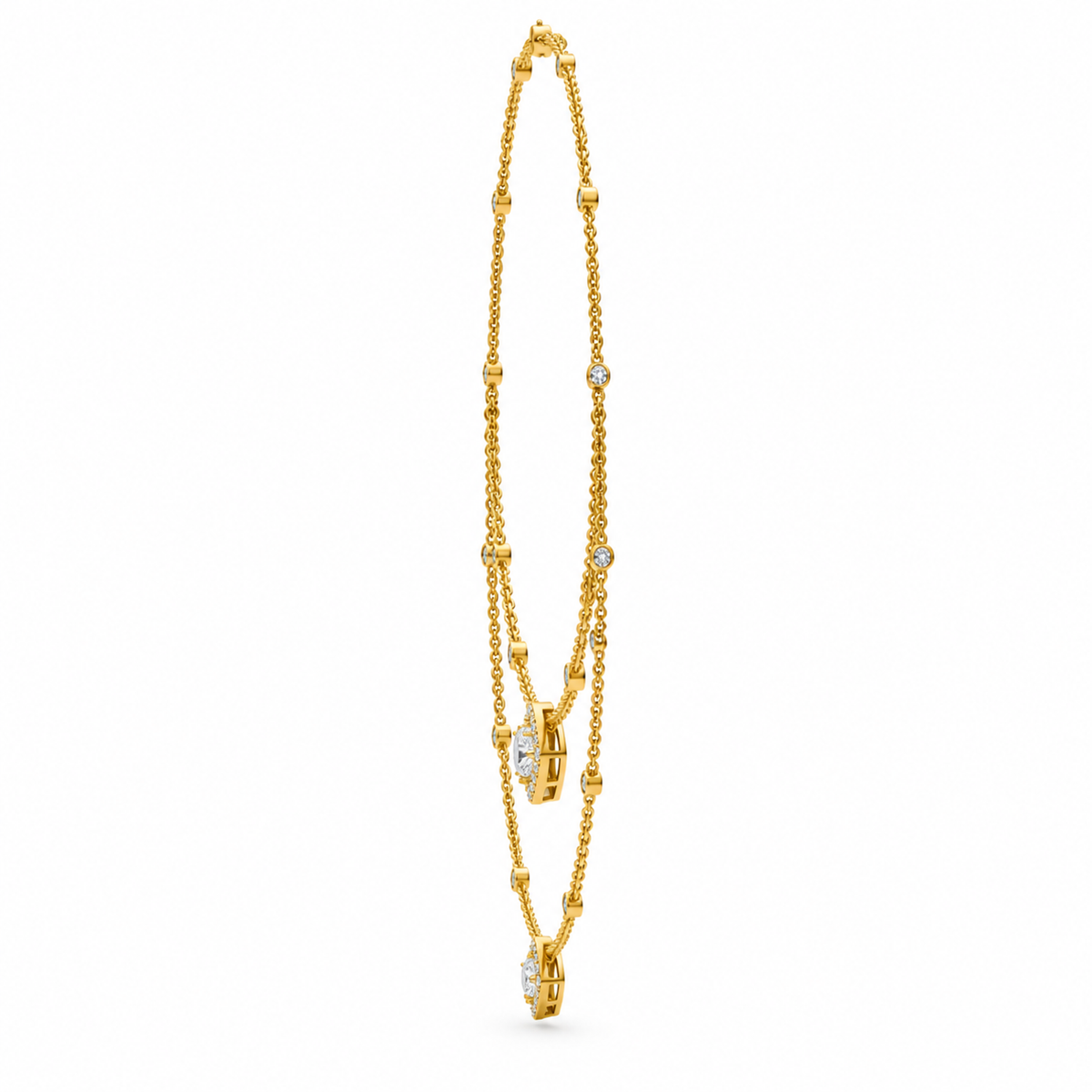 ROUND/3 CT /14k YELLOWGOLD/LAYERED HALO NECKLACE, side view