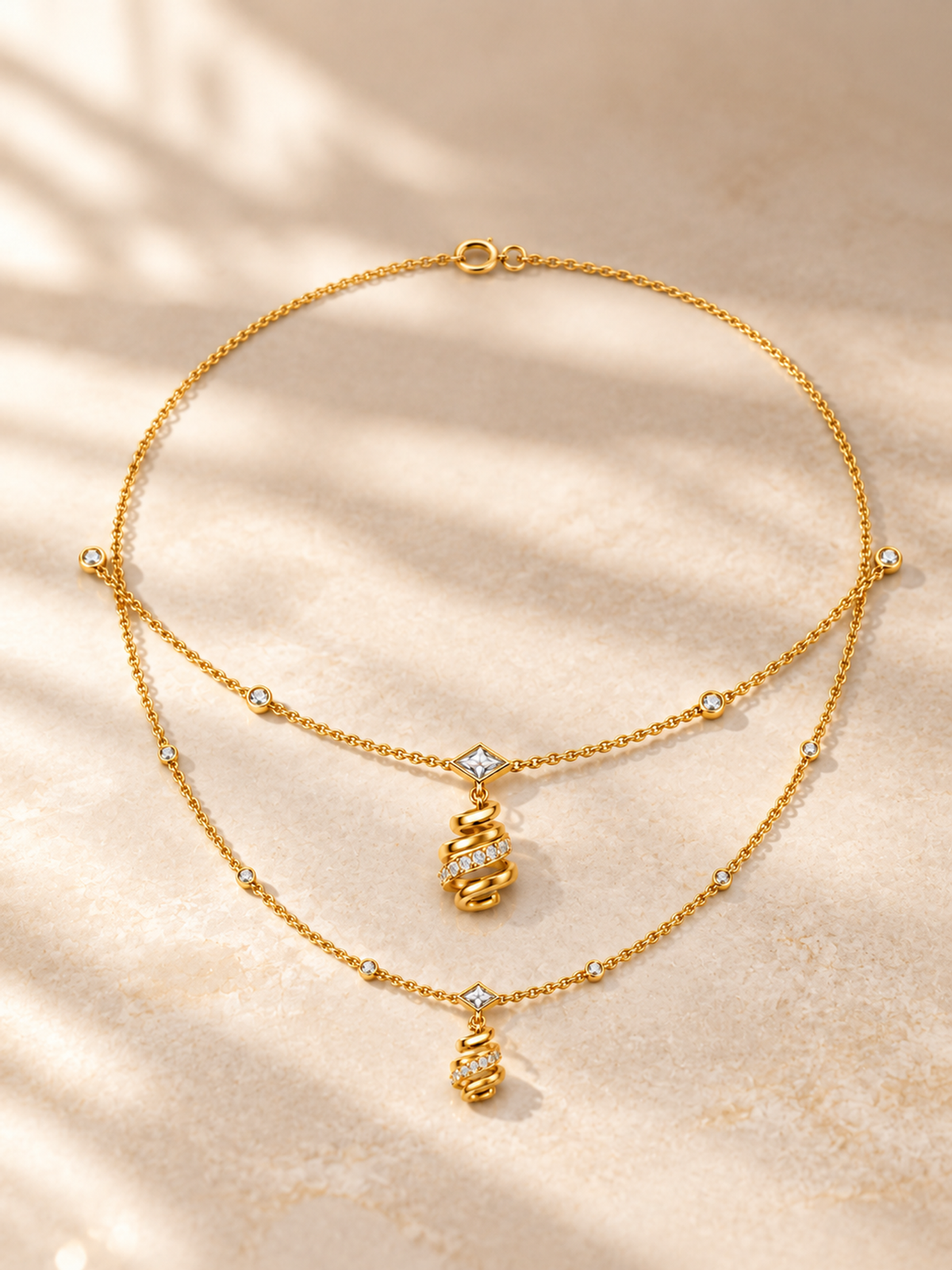 SPIRAL/14k YELLOWGOLD/LAYERED PENDANT NECKLACE, lifestyle view
