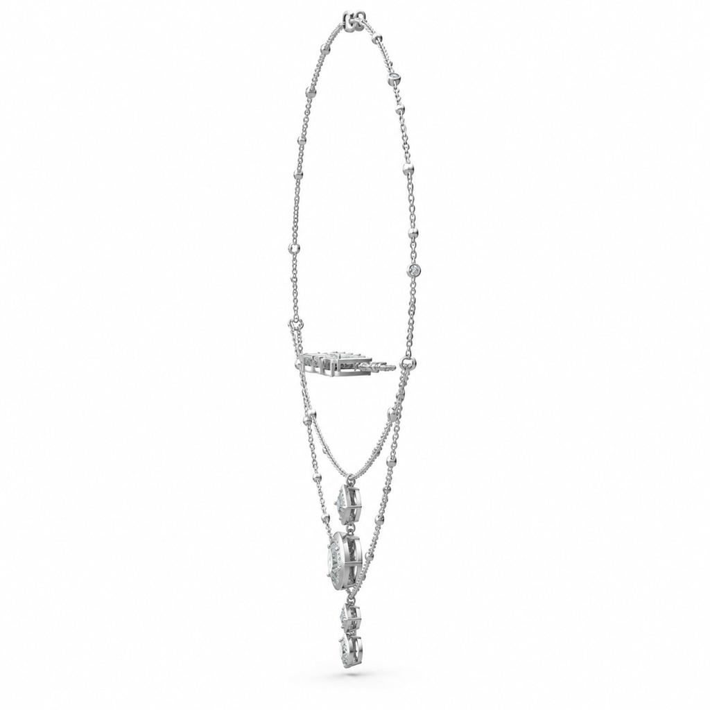 ROUND AND SQUARE/3 CT /14k WHITEGOLD/LAYERED PENDANT NECKLACE, side view