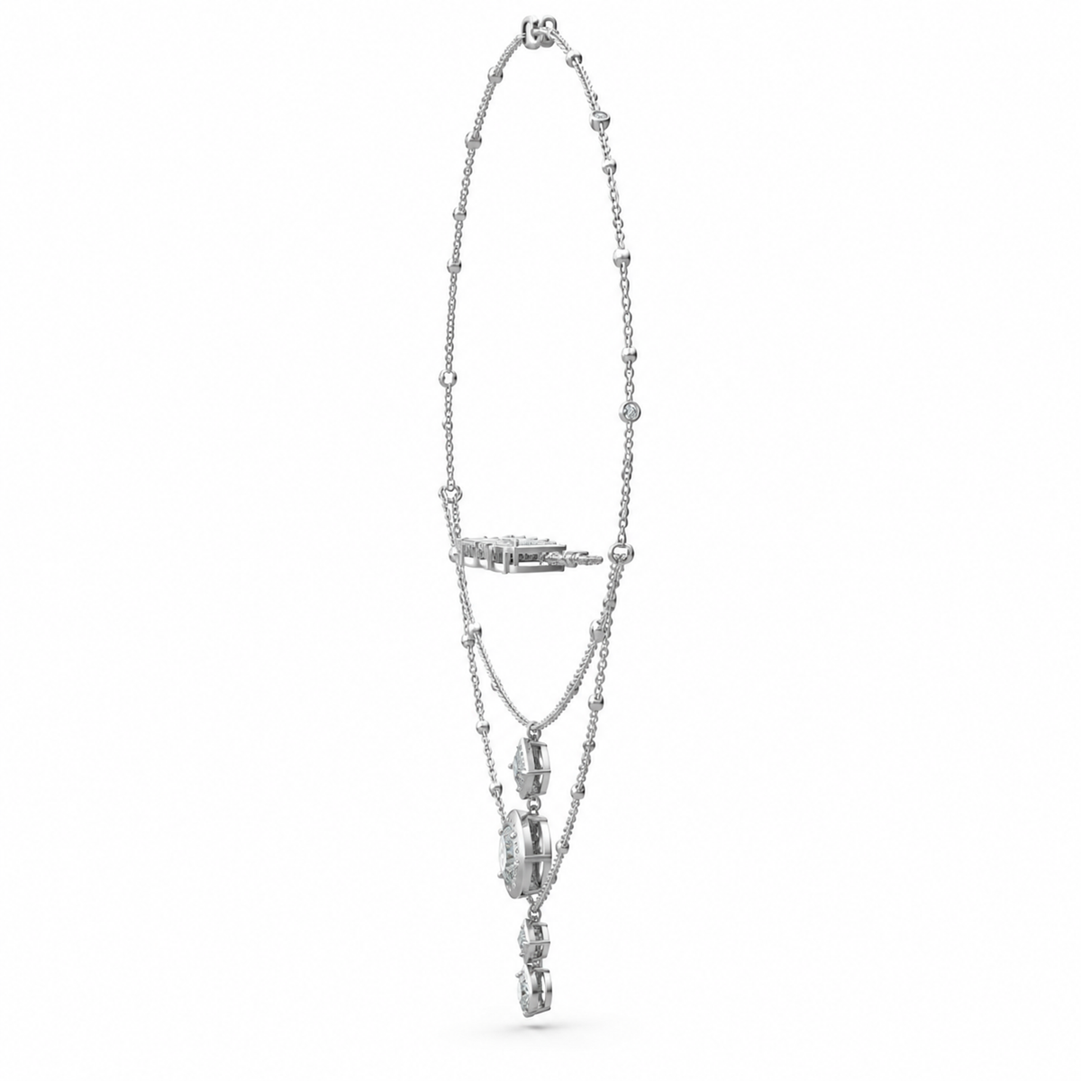 ROUND AND SQUARE/3 CT /14k WHITEGOLD/LAYERED PENDANT NECKLACE, side view