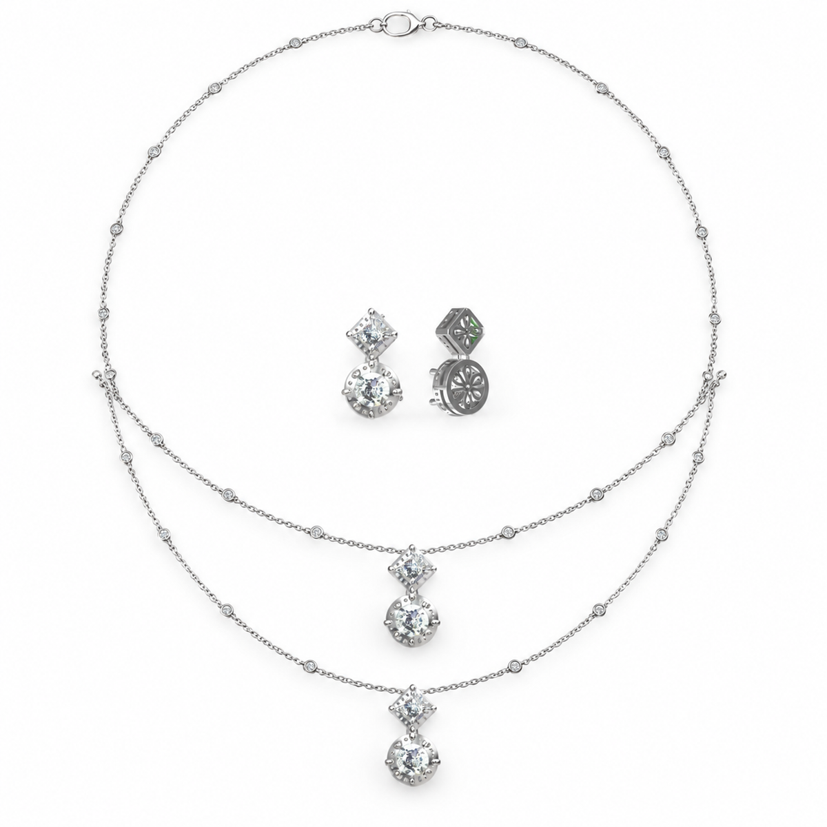 ROUND AND SQUARE/3 CT /14k WHITEGOLD/LAYERED PENDANT NECKLACE, top view