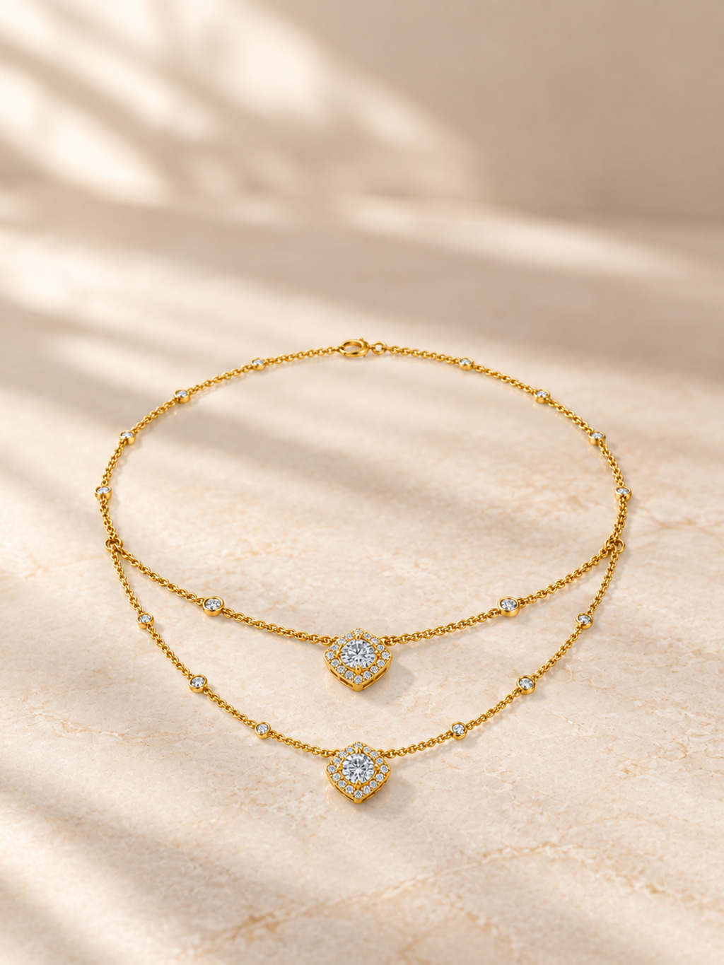ROUND/3 CT /14k YELLOWGOLD/LAYERED HALO NECKLACE, lifestyle view