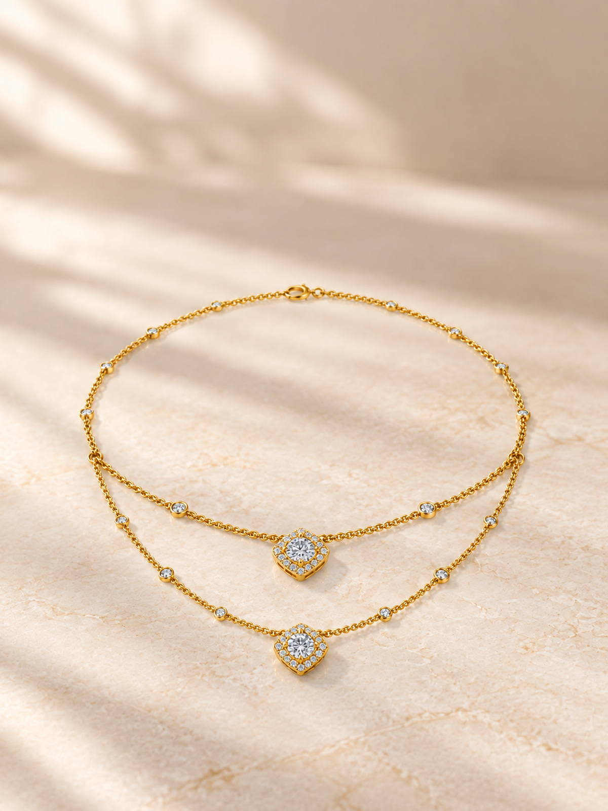 ROUND/3 CT /14k YELLOWGOLD/LAYERED HALO NECKLACE, lifestyle view