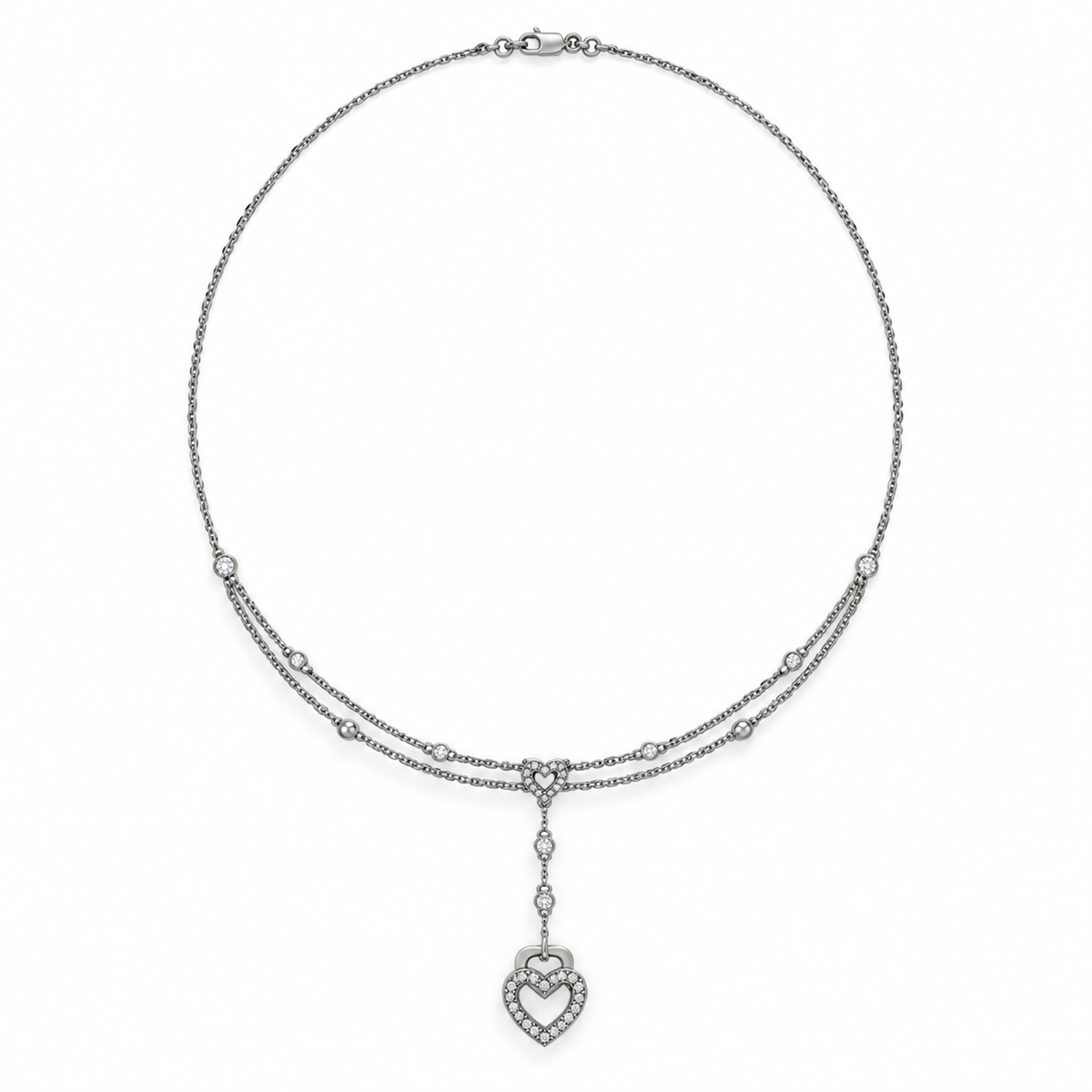 HEART/14k WHITEGOLD/LAYERED DROP NECKLACE, top view