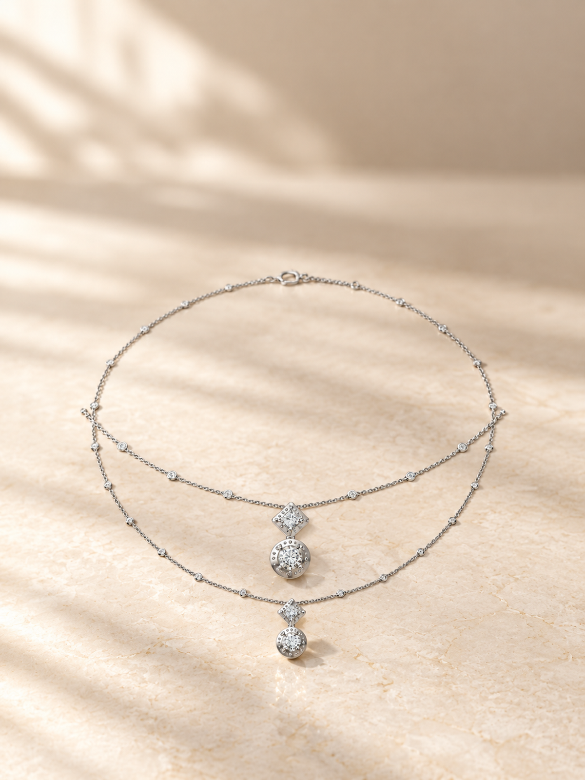 ROUND AND SQUARE/3 CT /14k WHITEGOLD/LAYERED PENDANT NECKLACE, lifestyle view