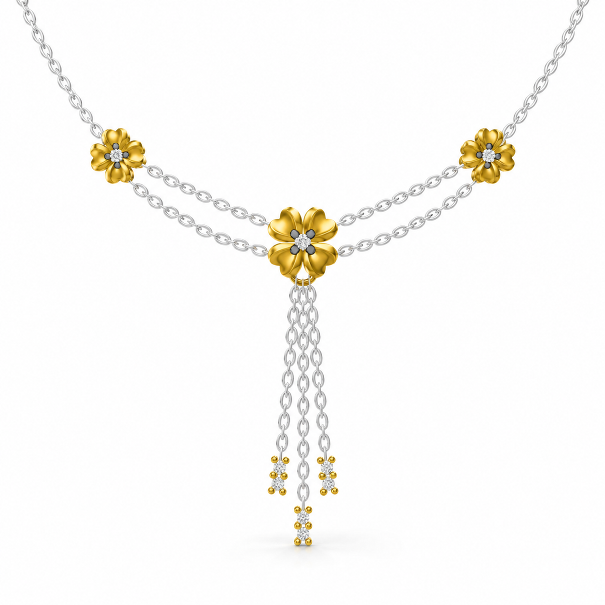 ROUND/0.02 CT /14k YELLOWGOLD/FLORAL TASSEL NECKLACE, front view