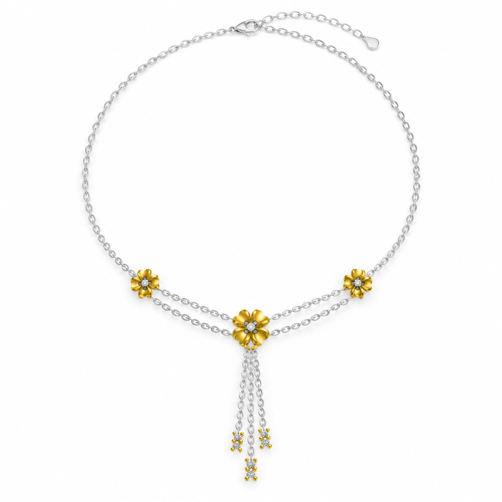 ROUND/0.02 CT /14k YELLOWGOLD/FLORAL TASSEL NECKLACE, top view