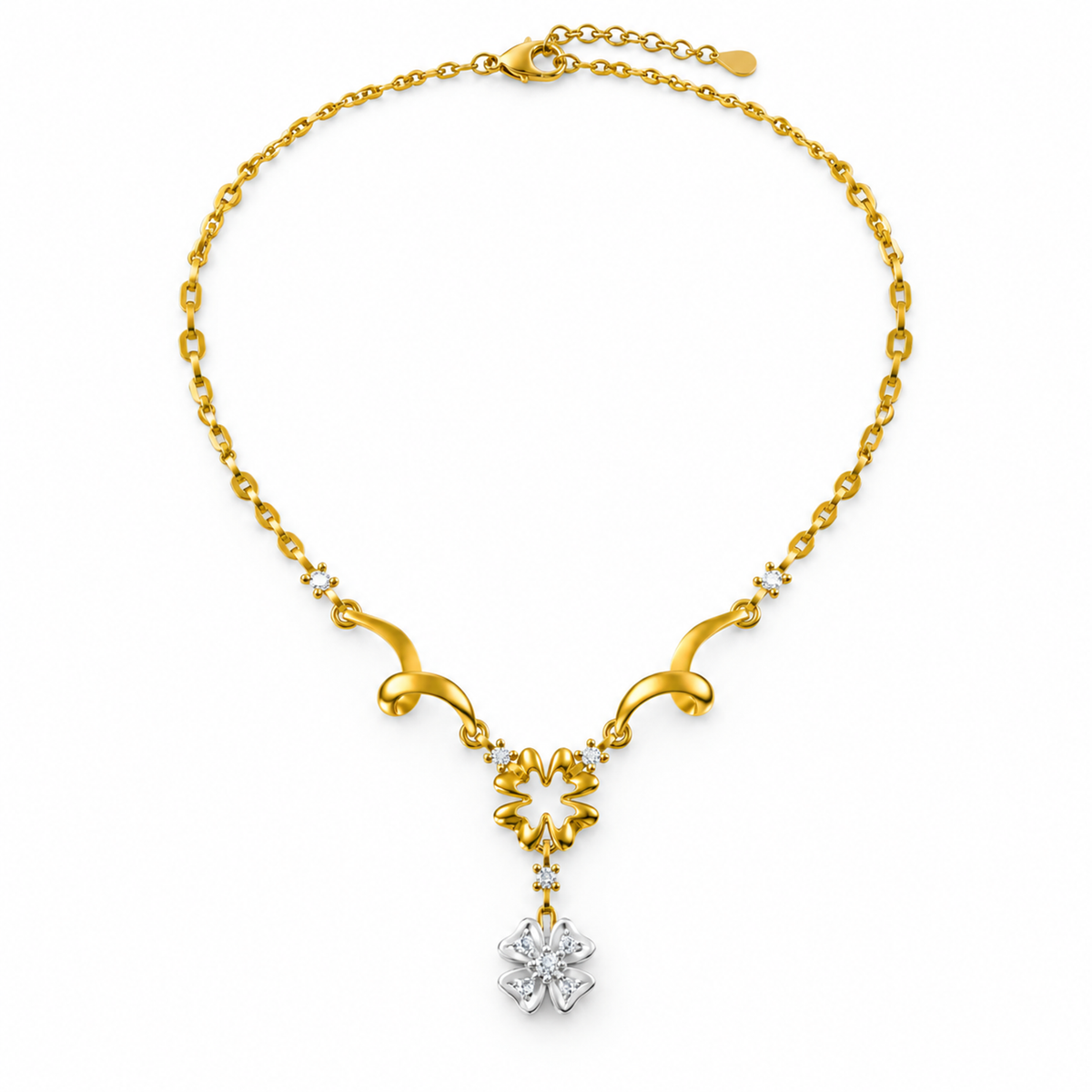 FLORAL/14k YELLOWGOLD/FLOWER DROP NECKLACE, top view