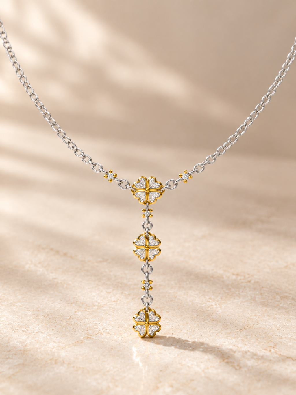 ROUND/14k WHITEGOLD AND YELLOWGOLD/CLOVER Y NECKLACE, lifestyle view