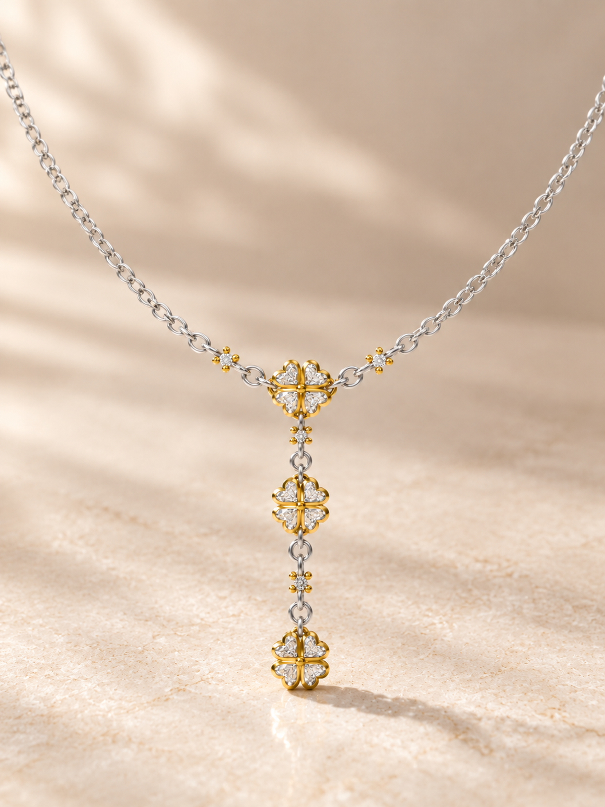ROUND/14k WHITEGOLD AND YELLOWGOLD/CLOVER Y NECKLACE, lifestyle view