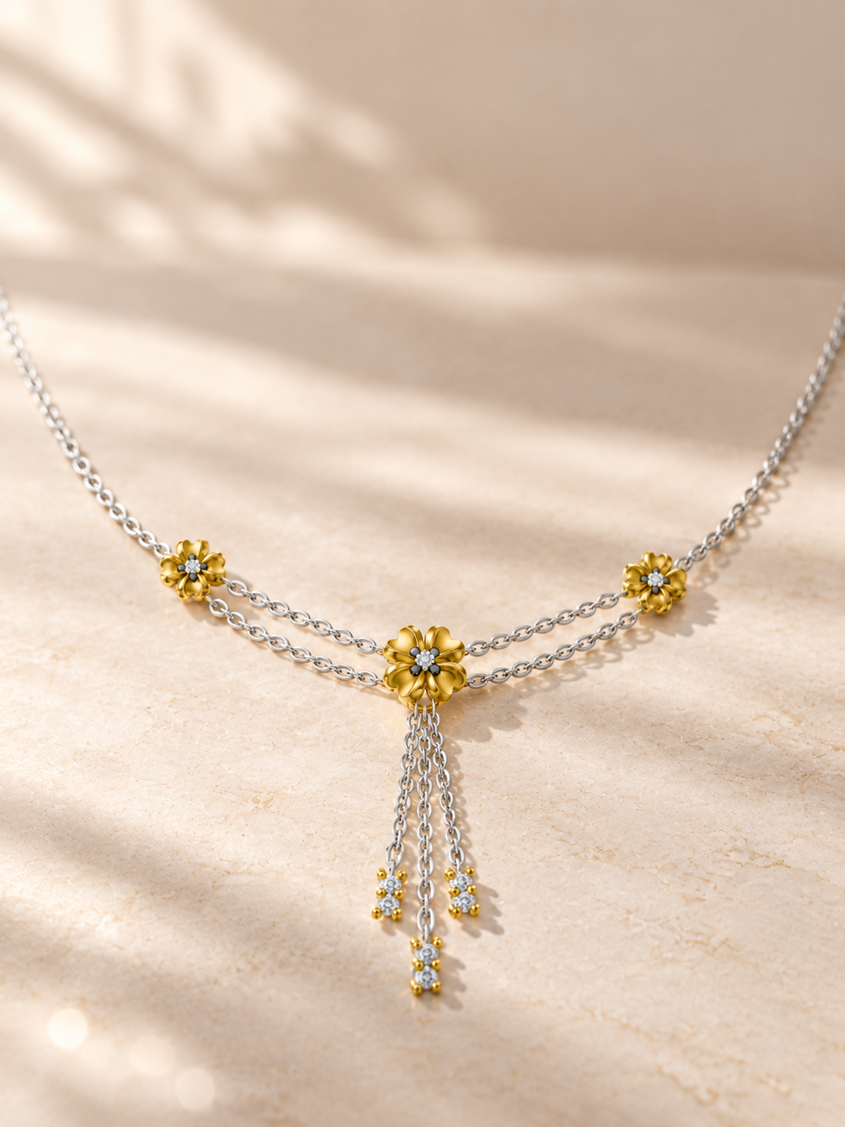 ROUND/0.02 CT /14k YELLOWGOLD/FLORAL TASSEL NECKLACE, lifestyle view
