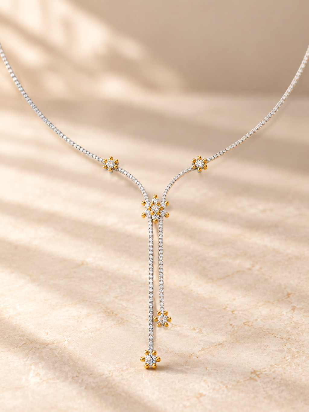 ROUND/14k WHITEGOLD/FLORAL LARIAT NECKLACE, lifestyle view