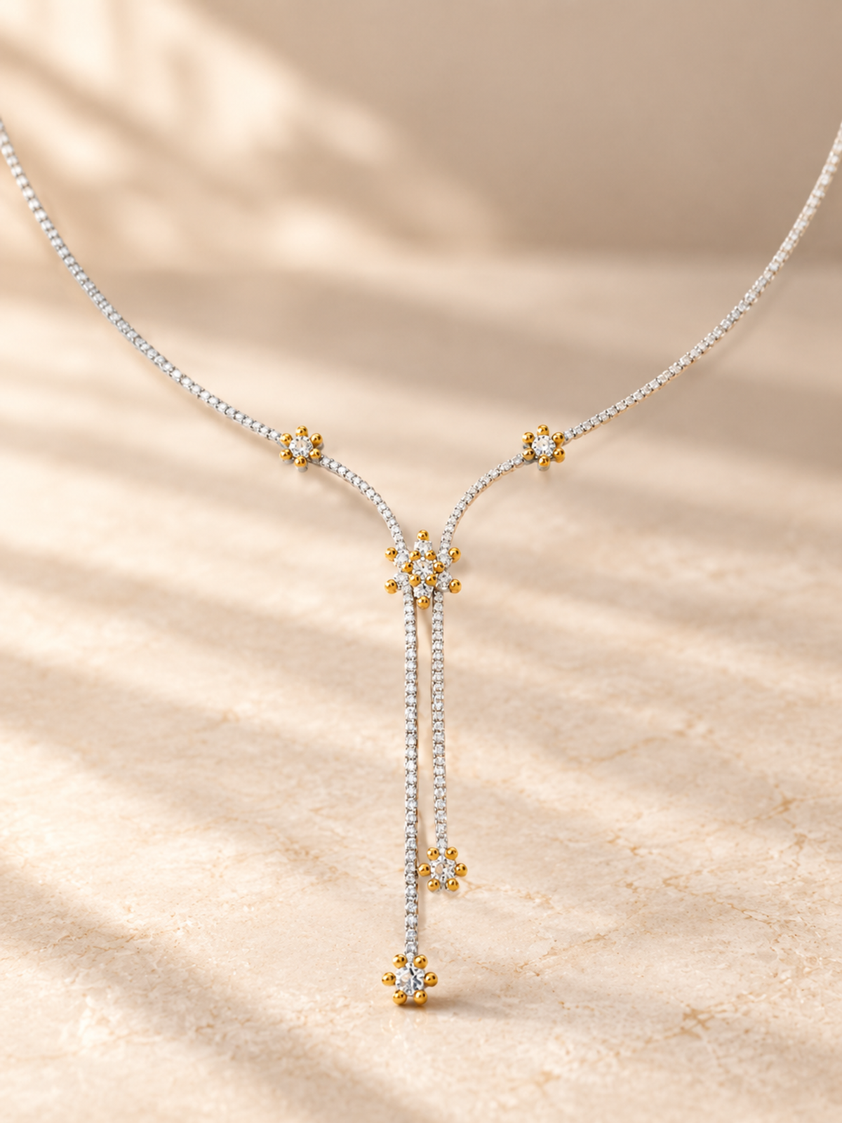 ROUND/14k WHITEGOLD/FLORAL LARIAT NECKLACE, lifestyle view