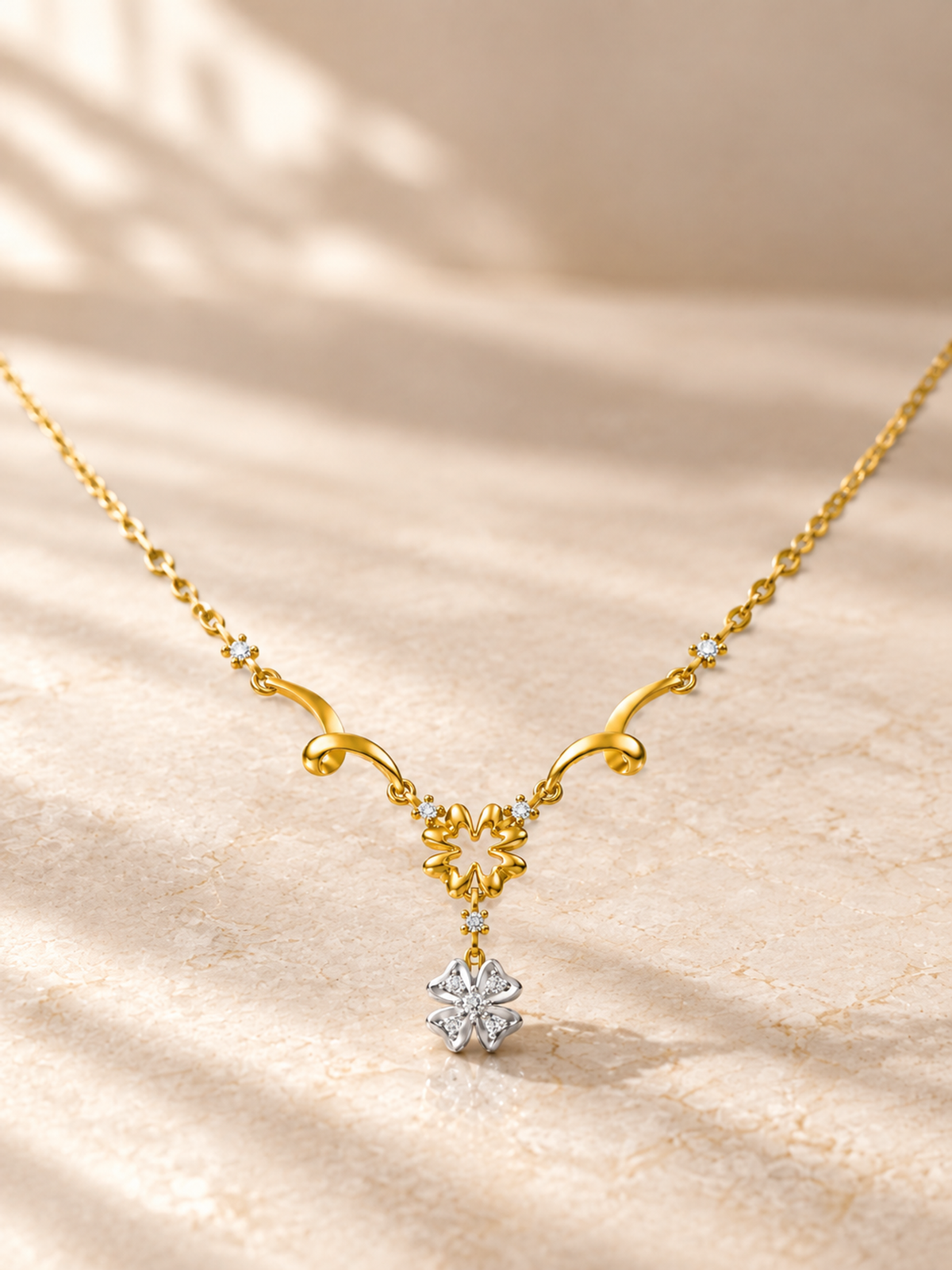 FLORAL/14k YELLOWGOLD/FLOWER DROP NECKLACE, lifestyle view