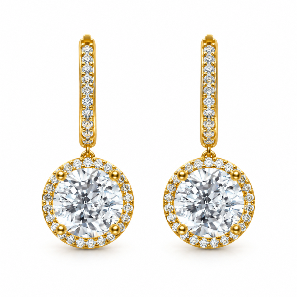 ROUND/14k YELLOWGOLD/HALO DROP HOOP EARRINGS, front view