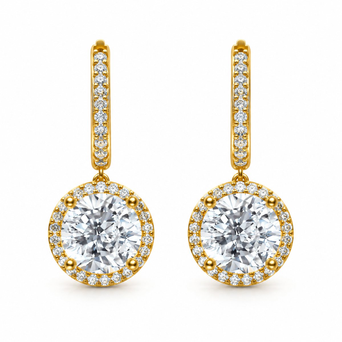 ROUND/14k YELLOWGOLD/HALO DROP HOOP EARRINGS, front view