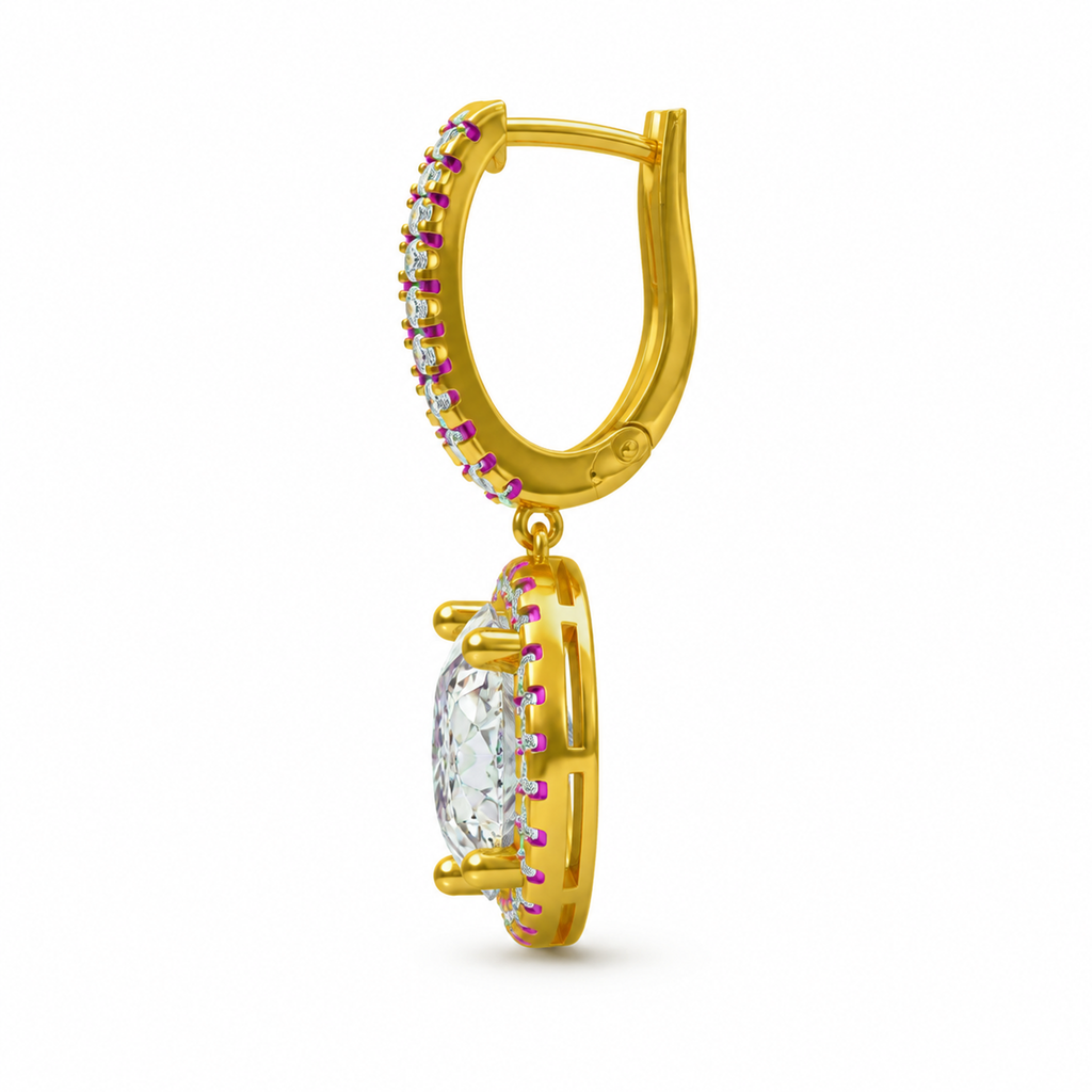 ROUND/14k YELLOWGOLD/HALO DROP HOOP EARRINGS, side view