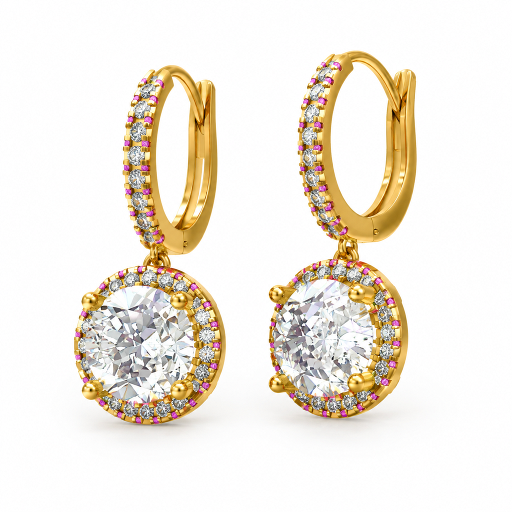 ROUND/14k YELLOWGOLD/HALO DROP HOOP EARRINGS, 45-degree view