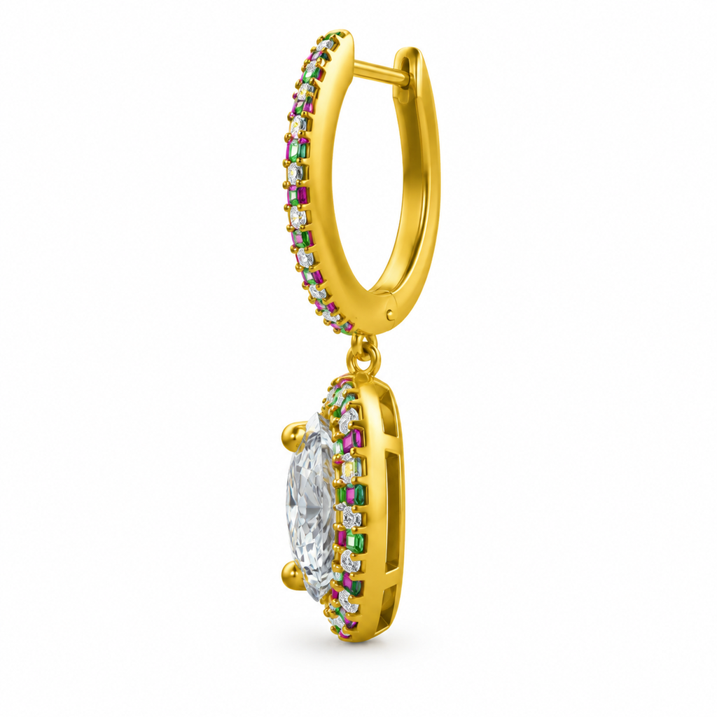 OVAL/14k YELLOWGOLD/HALO DROP HOOP EARRINGS, side view