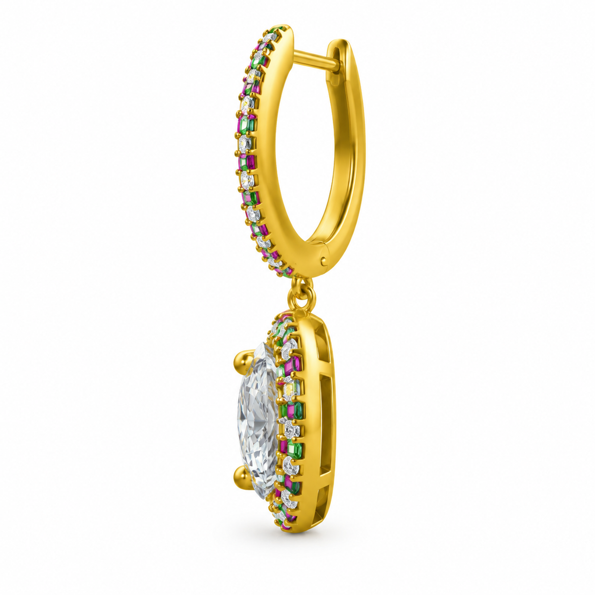 OVAL/14k YELLOWGOLD/HALO DROP HOOP EARRINGS, side view