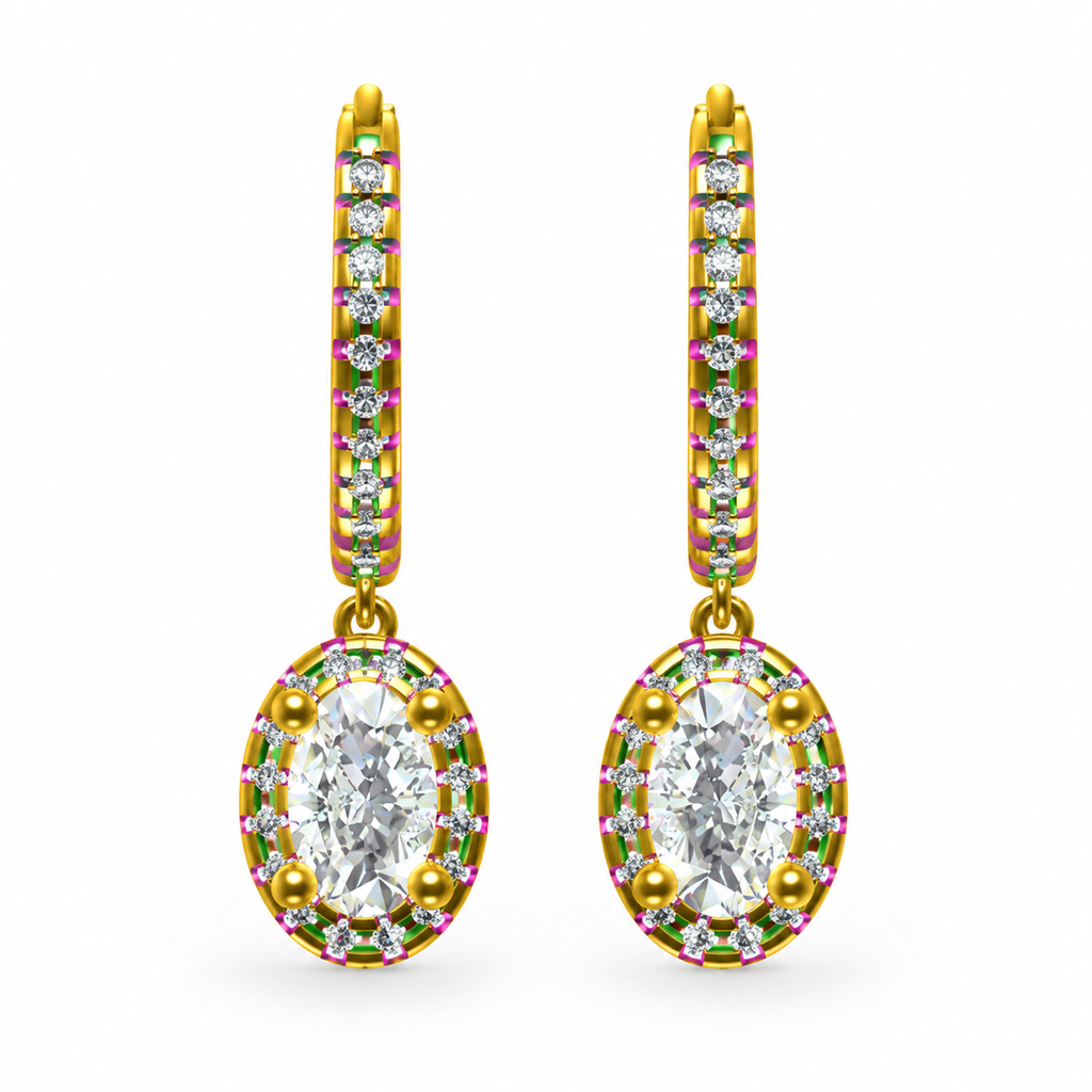 OVAL/14k YELLOWGOLD/HALO DROP HOOP EARRINGS, front view