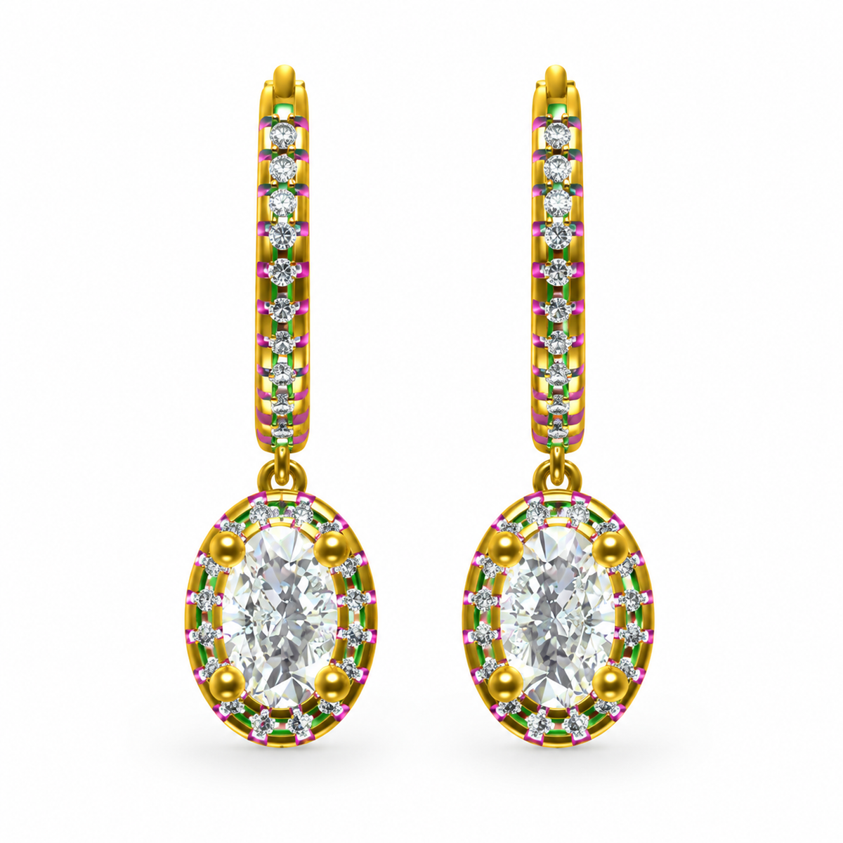 OVAL/14k YELLOWGOLD/HALO DROP HOOP EARRINGS, front view