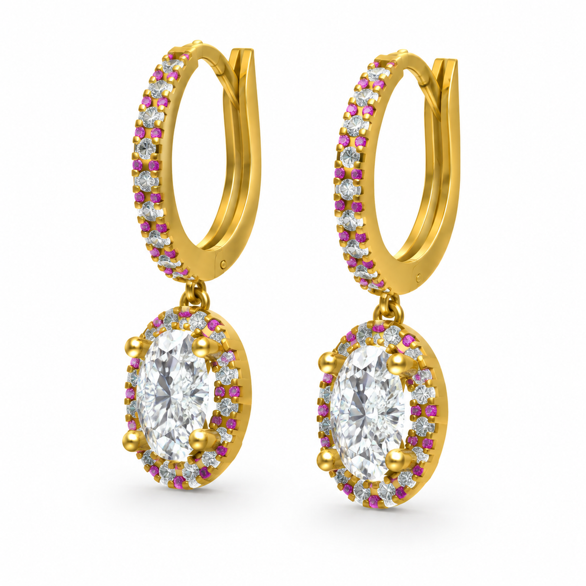 OVAL/14k YELLOWGOLD/HALO DROP HOOP EARRINGS, 45-degree view