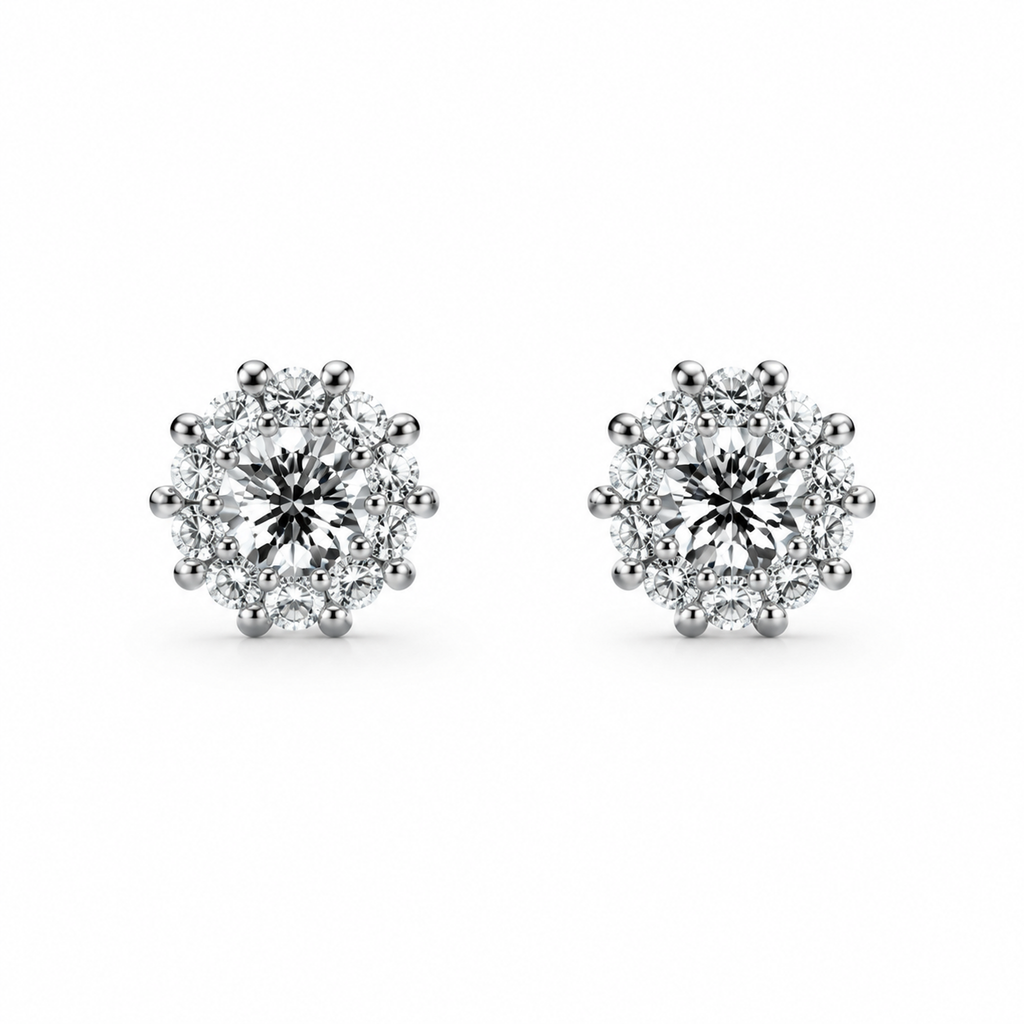ROUND/14k WHITEGOLD/FLORAL HALO STUD EARRINGS, front view