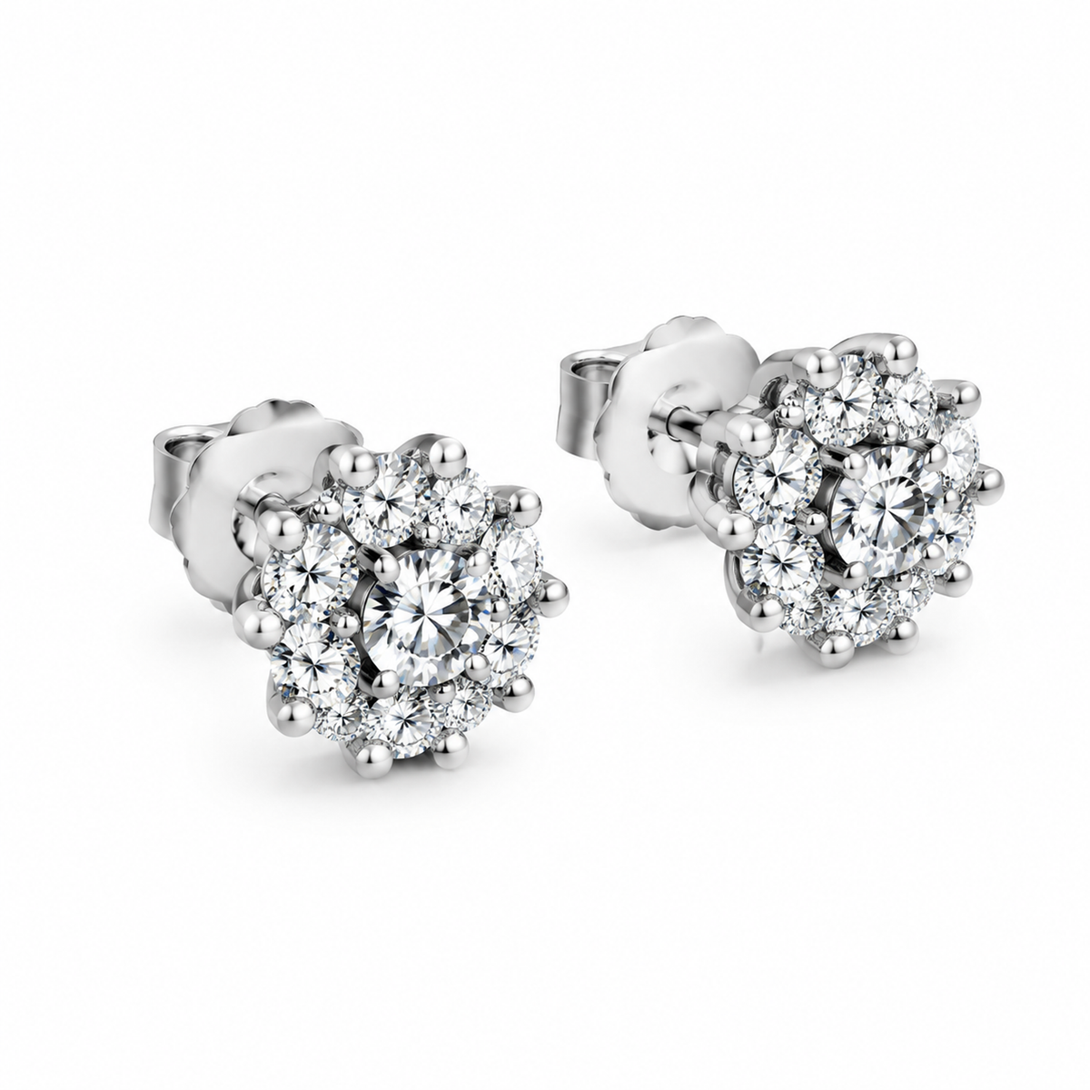 ROUND/14k WHITEGOLD/FLORAL HALO STUD EARRINGS, 45-degree view