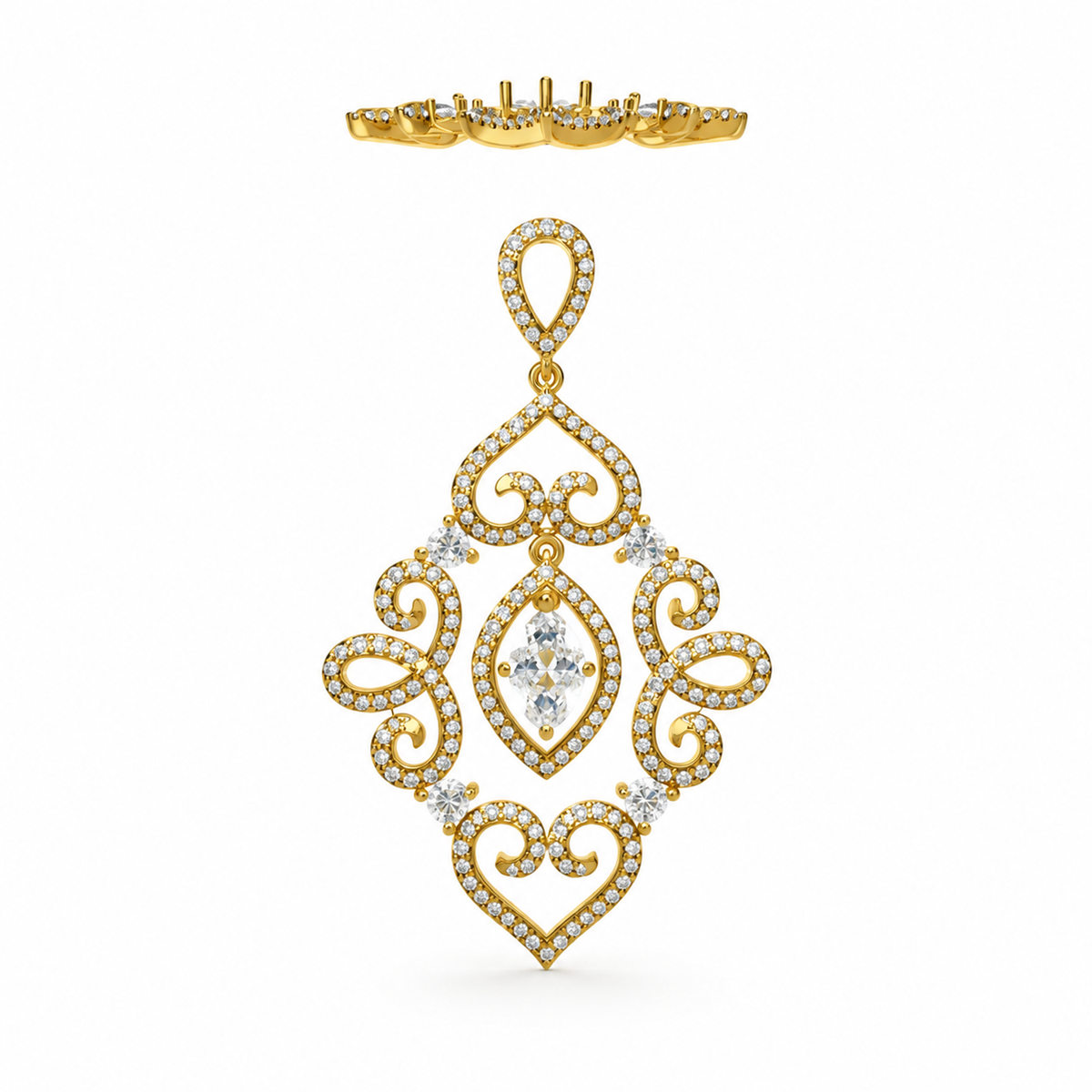 PEAR/14k YELLOWGOLD/SCROLL DROP EARRINGS, front view