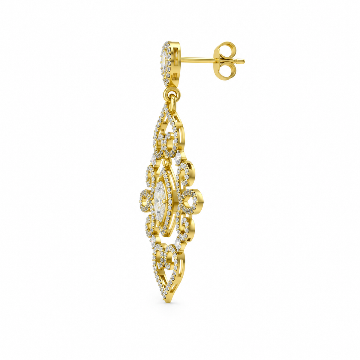 PEAR/14k YELLOWGOLD/SCROLL DROP EARRINGS, side view
