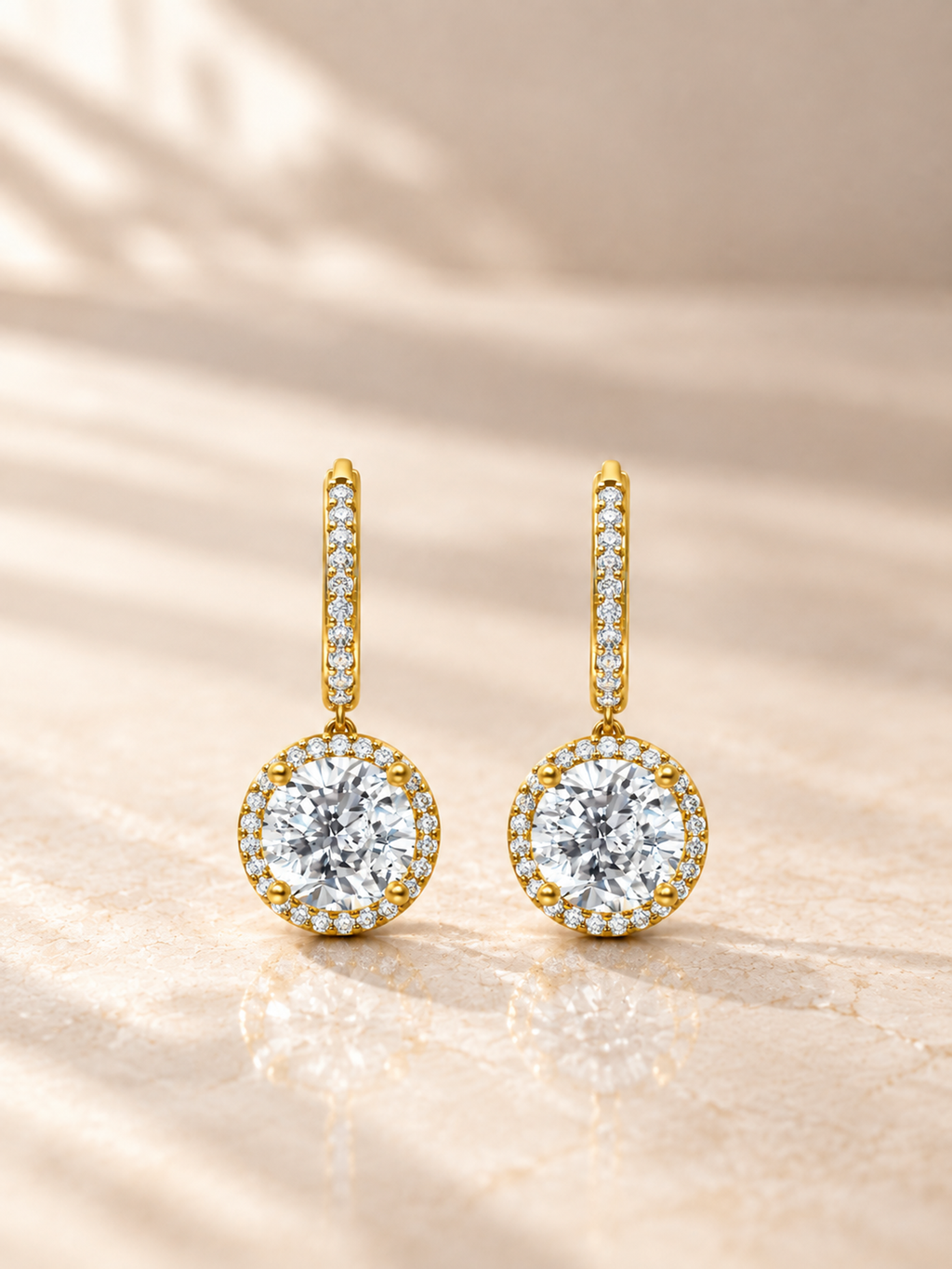 ROUND/14k YELLOWGOLD/HALO DROP HOOP EARRINGS, lifestyle view
