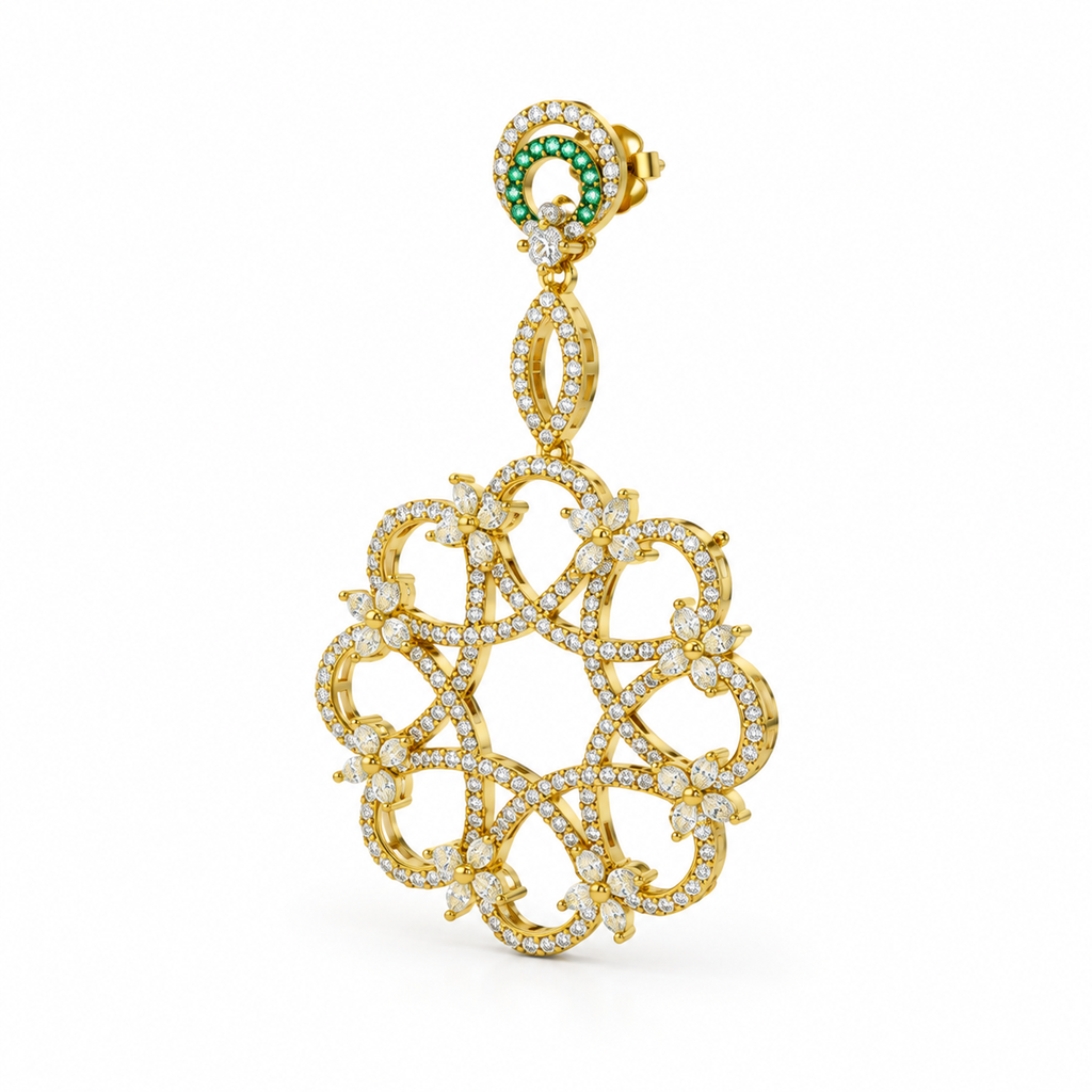 ROUND/14k YELLOWGOLD/OPENWORK CHANDELIER EARRINGS, 45-degree view