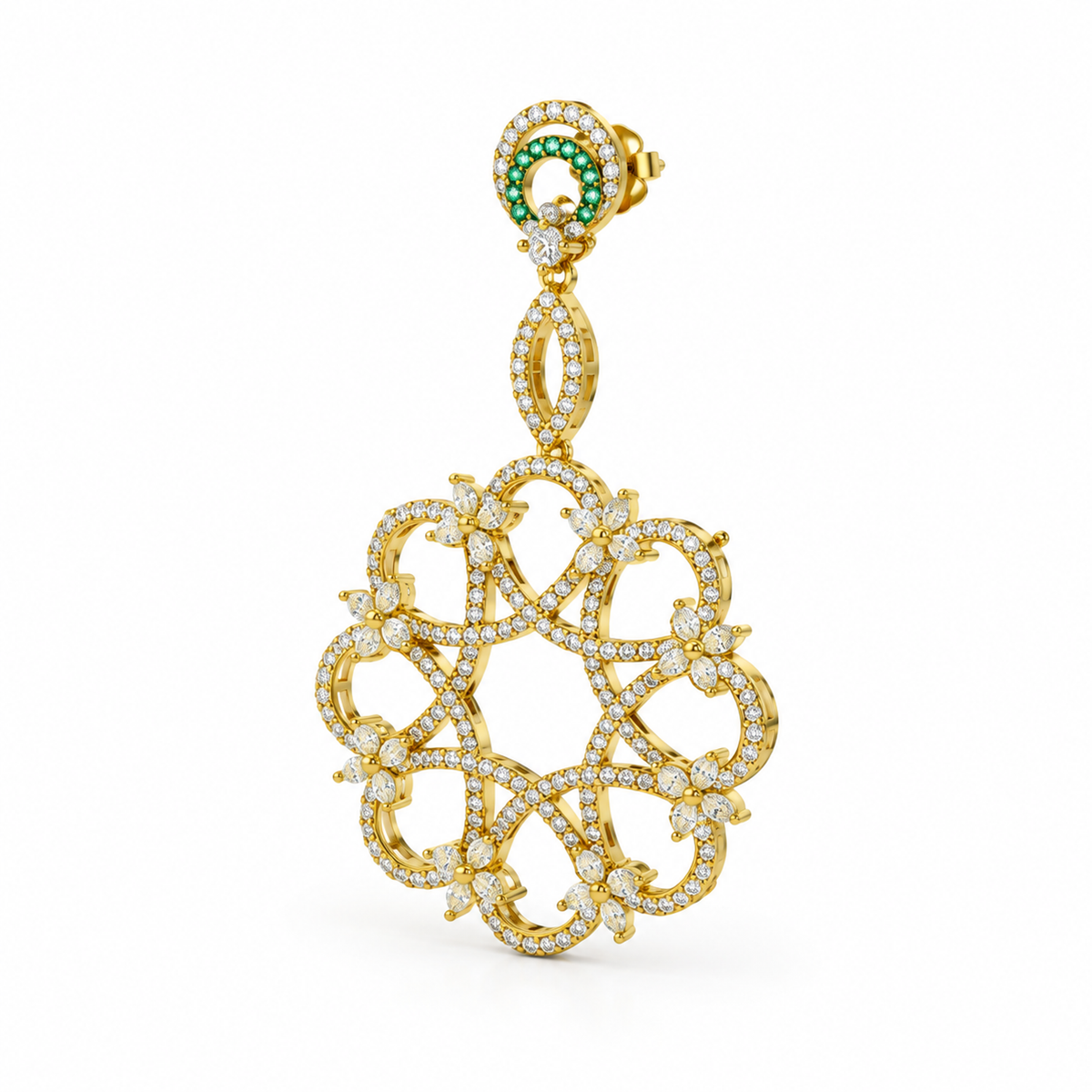 ROUND/14k YELLOWGOLD/OPENWORK CHANDELIER EARRINGS, 45-degree view