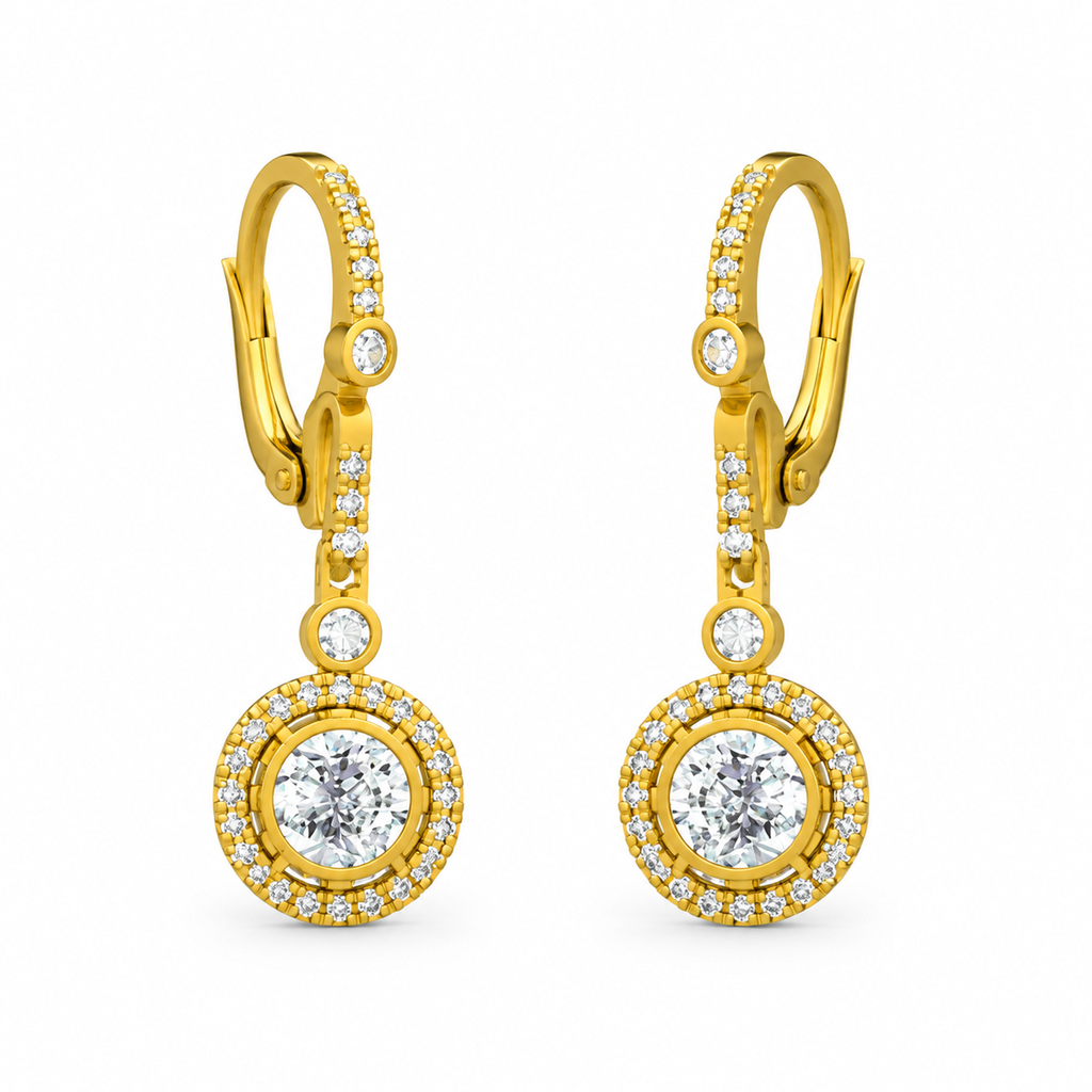 ROUND/14k YELLOWGOLD/HALO DROP EARRINGS, front view