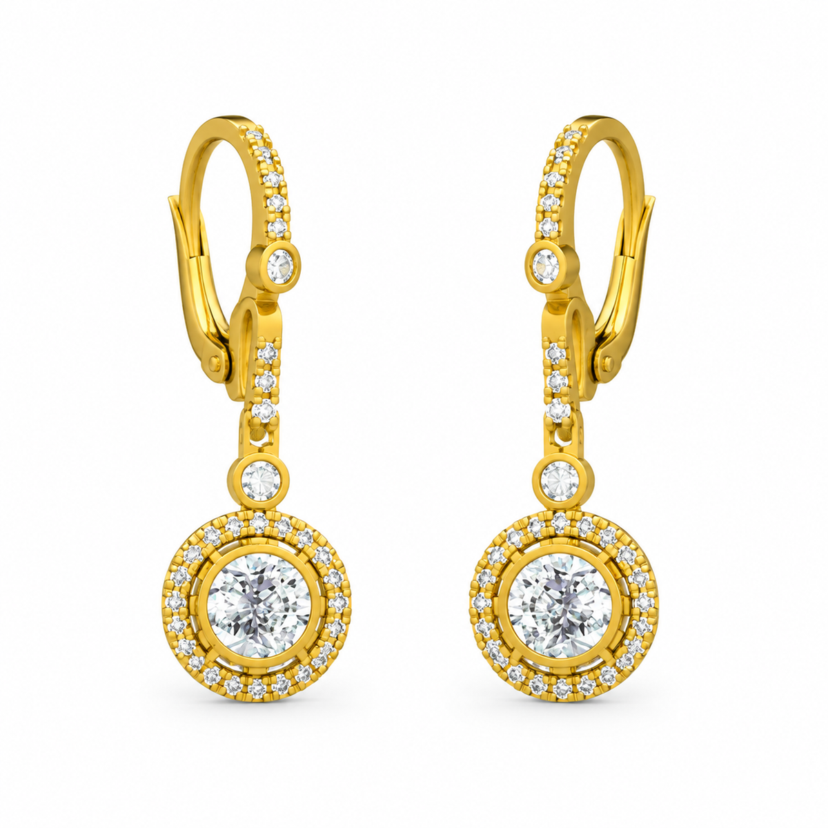 ROUND/14k YELLOWGOLD/HALO DROP EARRINGS, front view