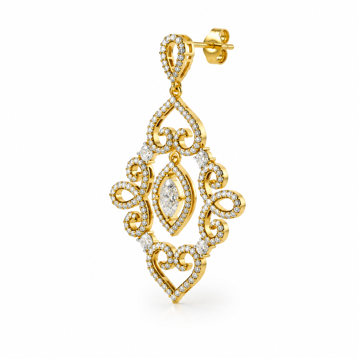 PEAR/14k YELLOWGOLD/SCROLL DROP EARRINGS, 45-degree view