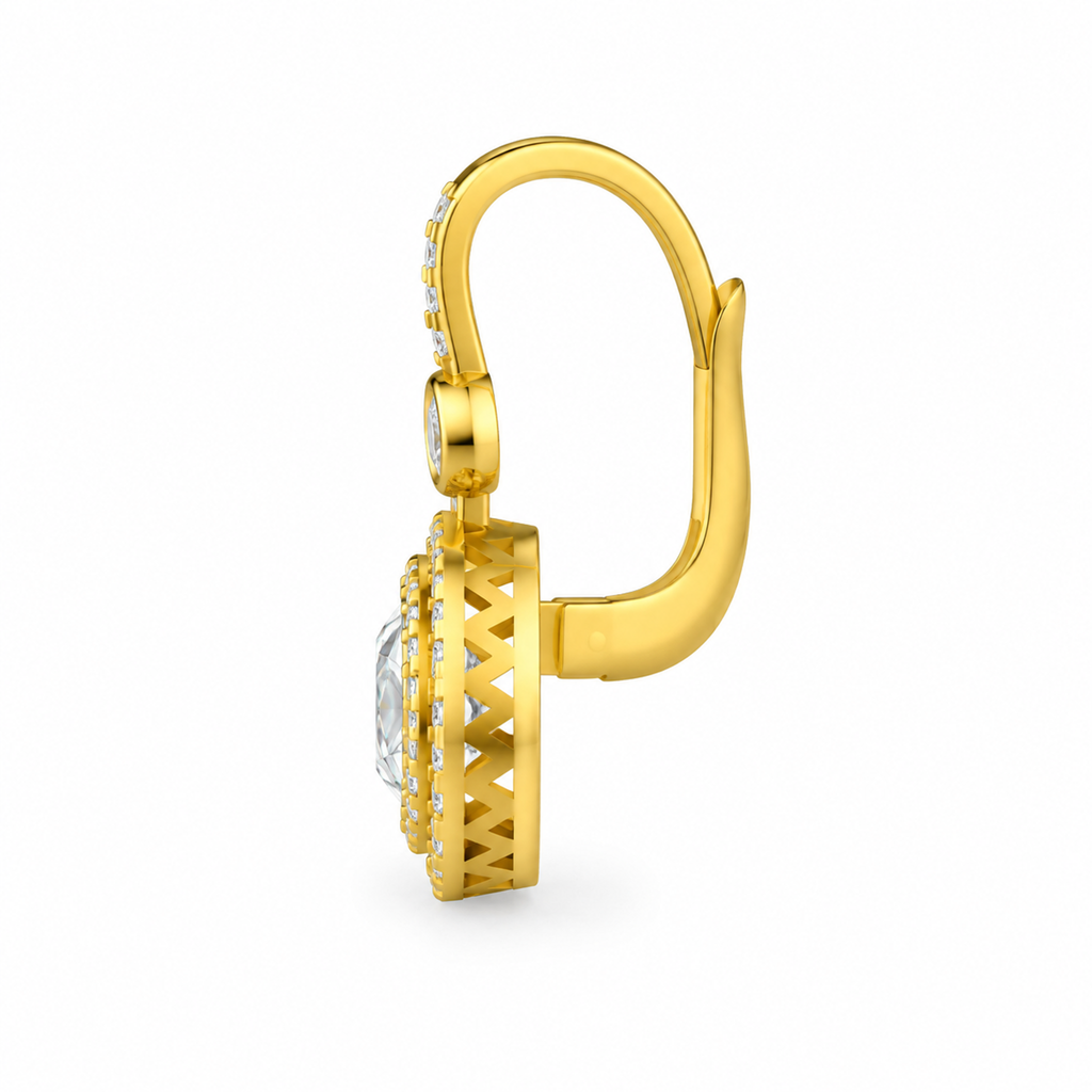 ROUND/14k YELLOWGOLD/HALO DROP EARRINGS, side view